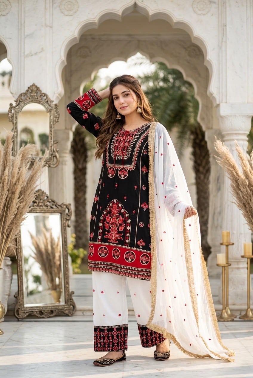 Designer Natural Silk Top & Palazzo Set with Heavy Georgette Dupatta