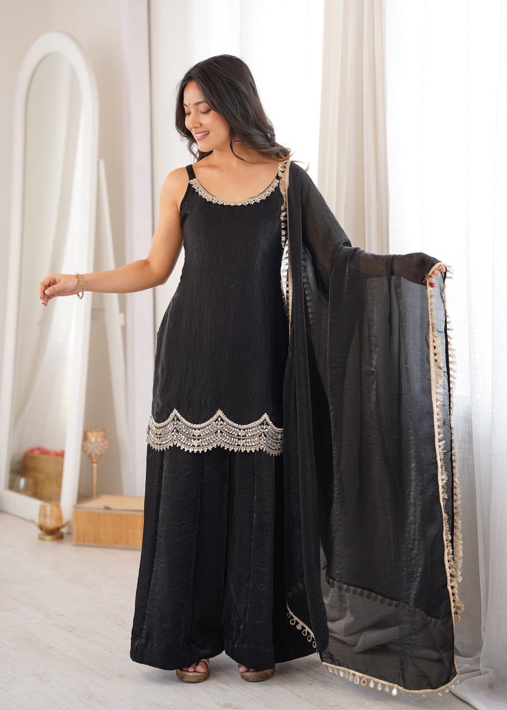 Designer Fendi Silk Party Wear Sharara Set with Codding Embroidery & Mirror Work