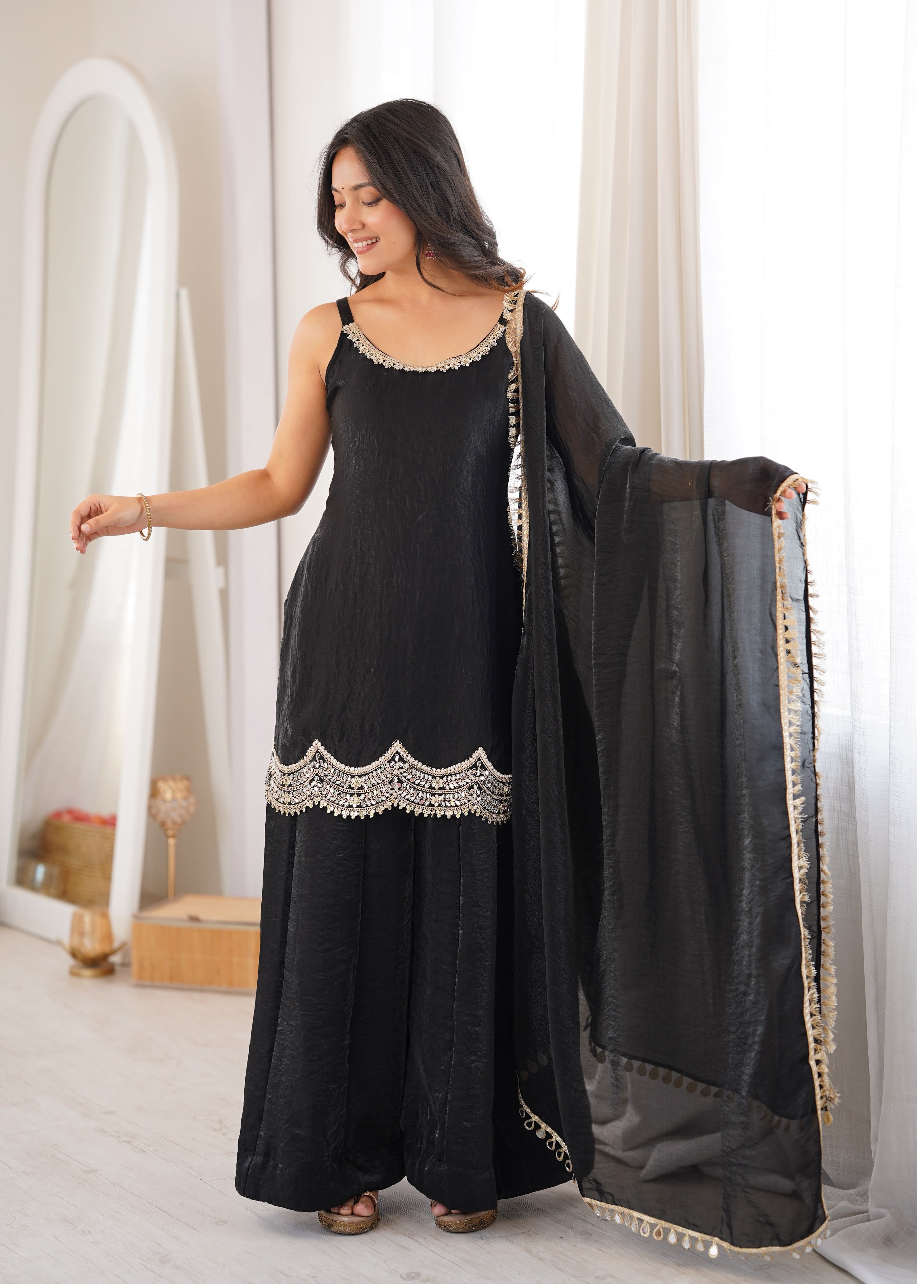 Designer Fendi Silk Party Wear Sharara Set with Codding Embroidery & Mirror Work