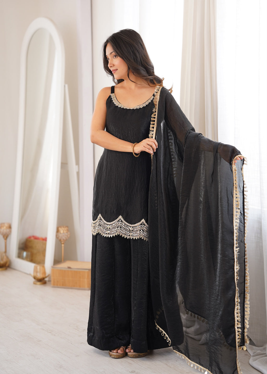 Designer Fendi Silk Party Wear Sharara Set with Codding Embroidery & Mirror Work
