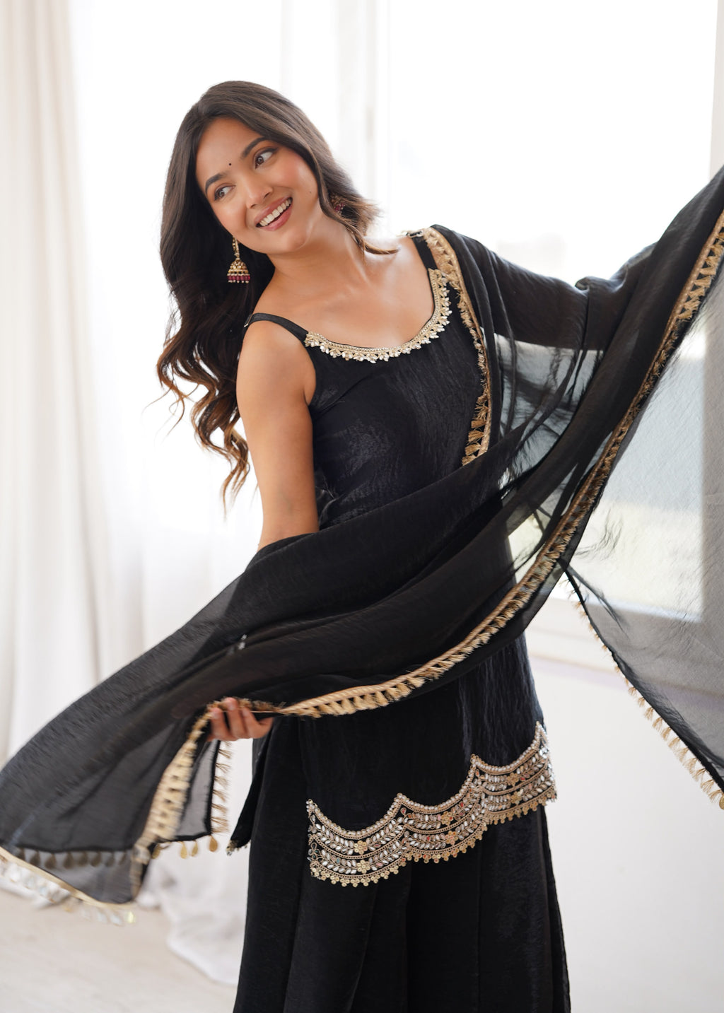 Designer Fendi Silk Party Wear Sharara Set with Codding Embroidery & Mirror Work
