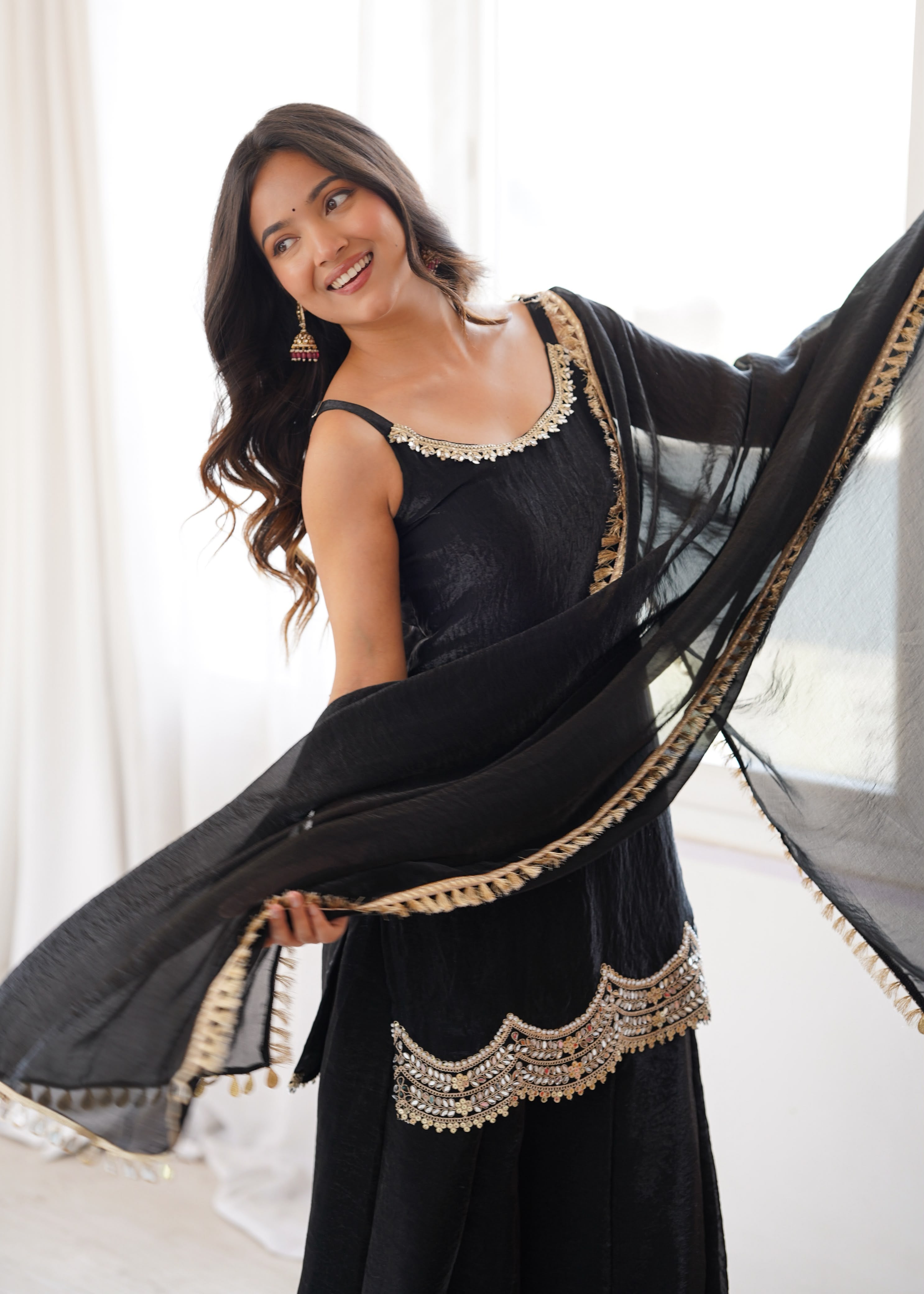 Designer Fendi Silk Party Wear Sharara Set with Codding Embroidery & Mirror Work