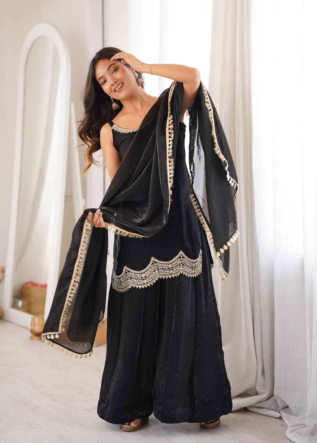 Designer Fendi Silk Party Wear Sharara Set with Codding Embroidery & Mirror Work