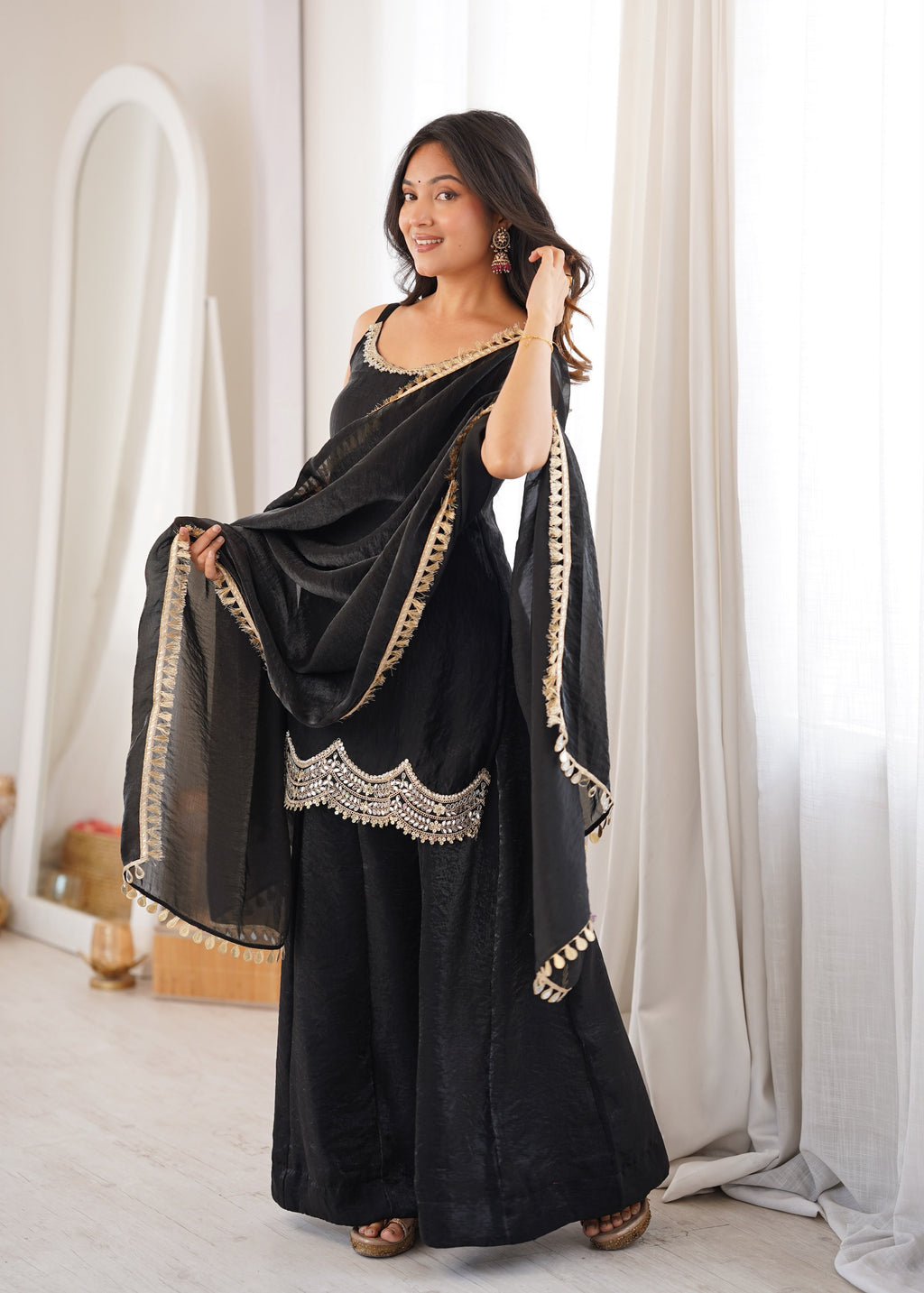 Designer Fendi Silk Party Wear Sharara Set with Codding Embroidery & Mirror Work