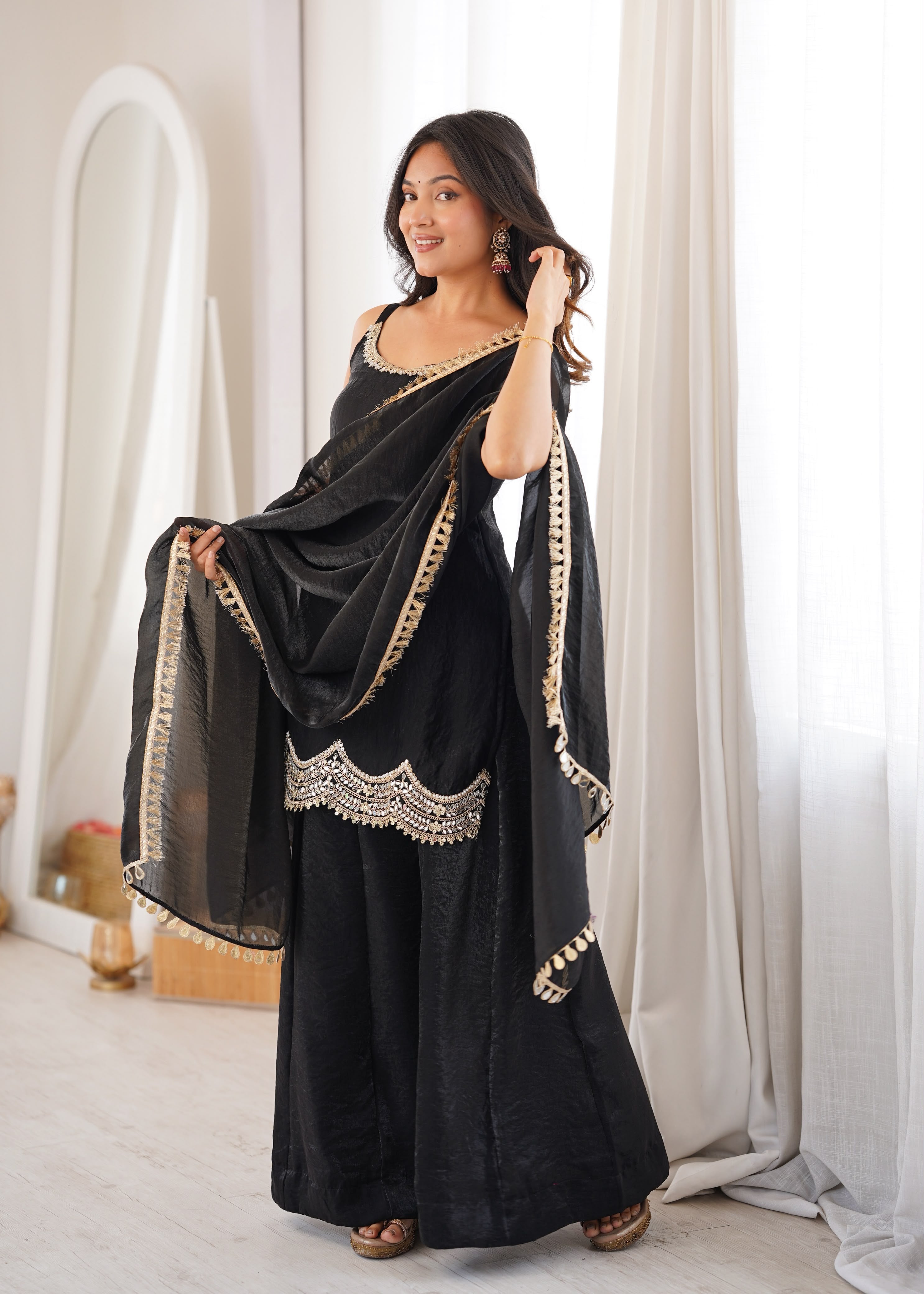 Designer Fendi Silk Party Wear Sharara Set with Codding Embroidery & Mirror Work