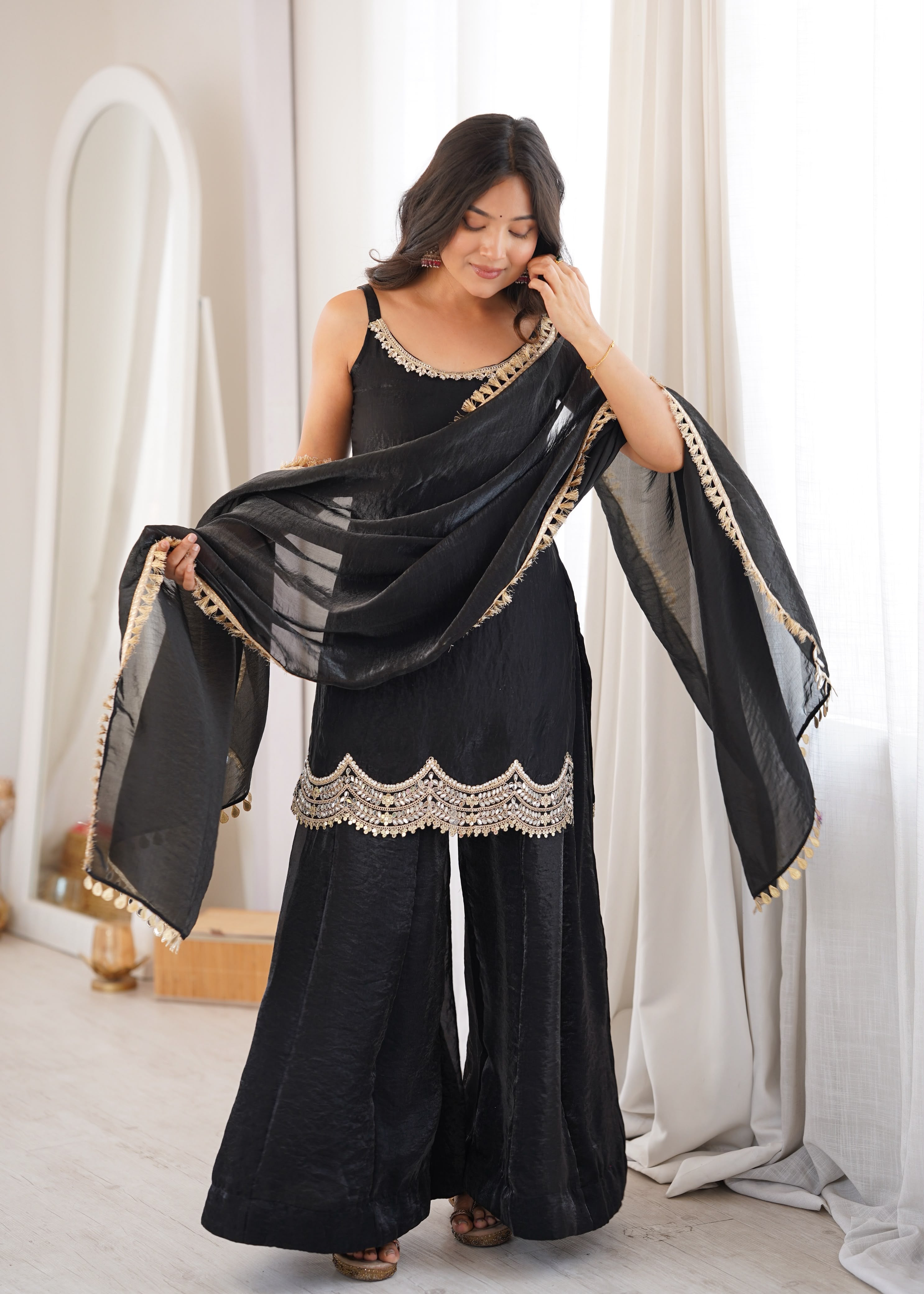 Designer Fendi Silk Party Wear Sharara Set with Codding Embroidery & Mirror Work