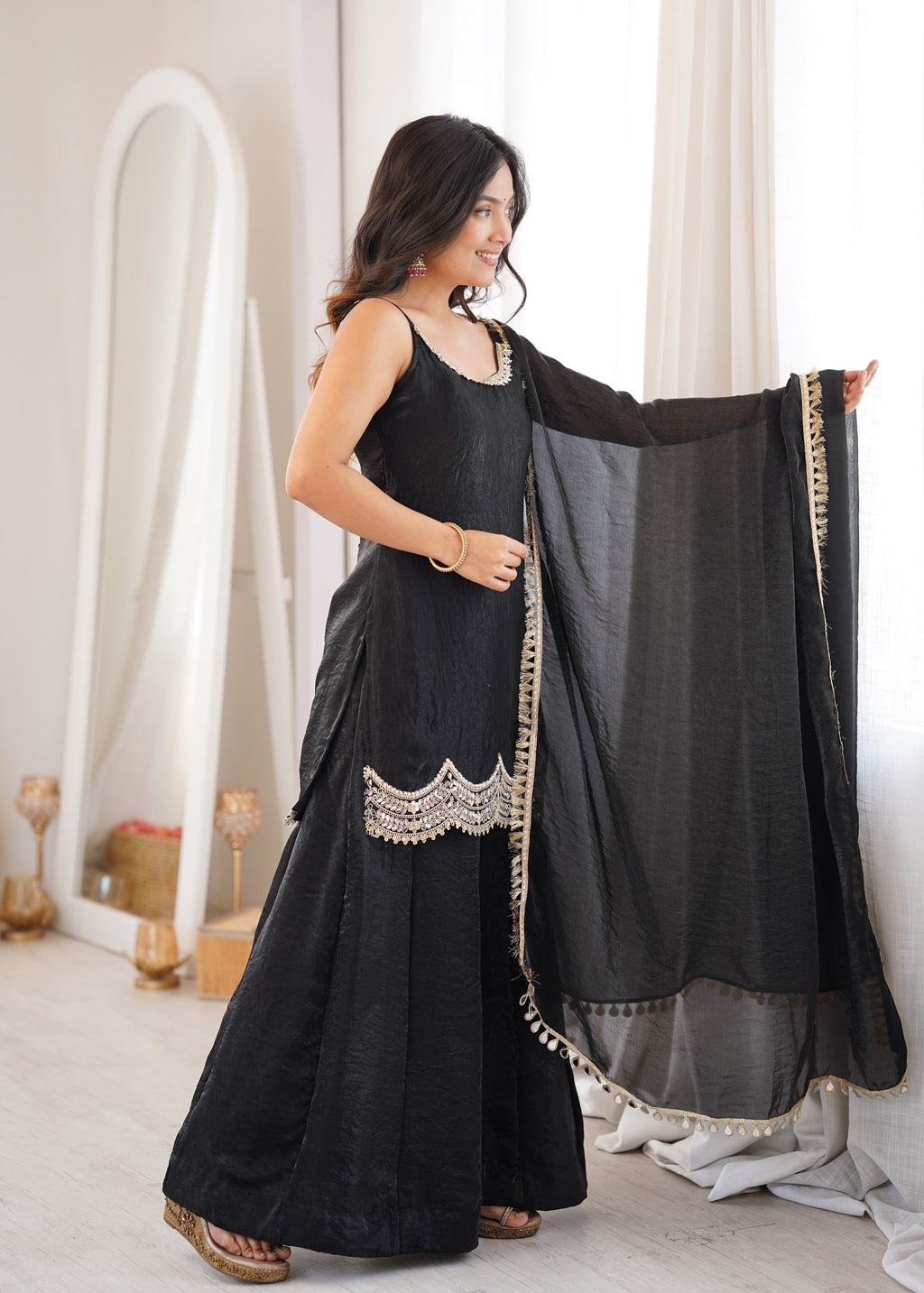 Designer Fendi Silk Party Wear Sharara Set with Codding Embroidery & Mirror Work