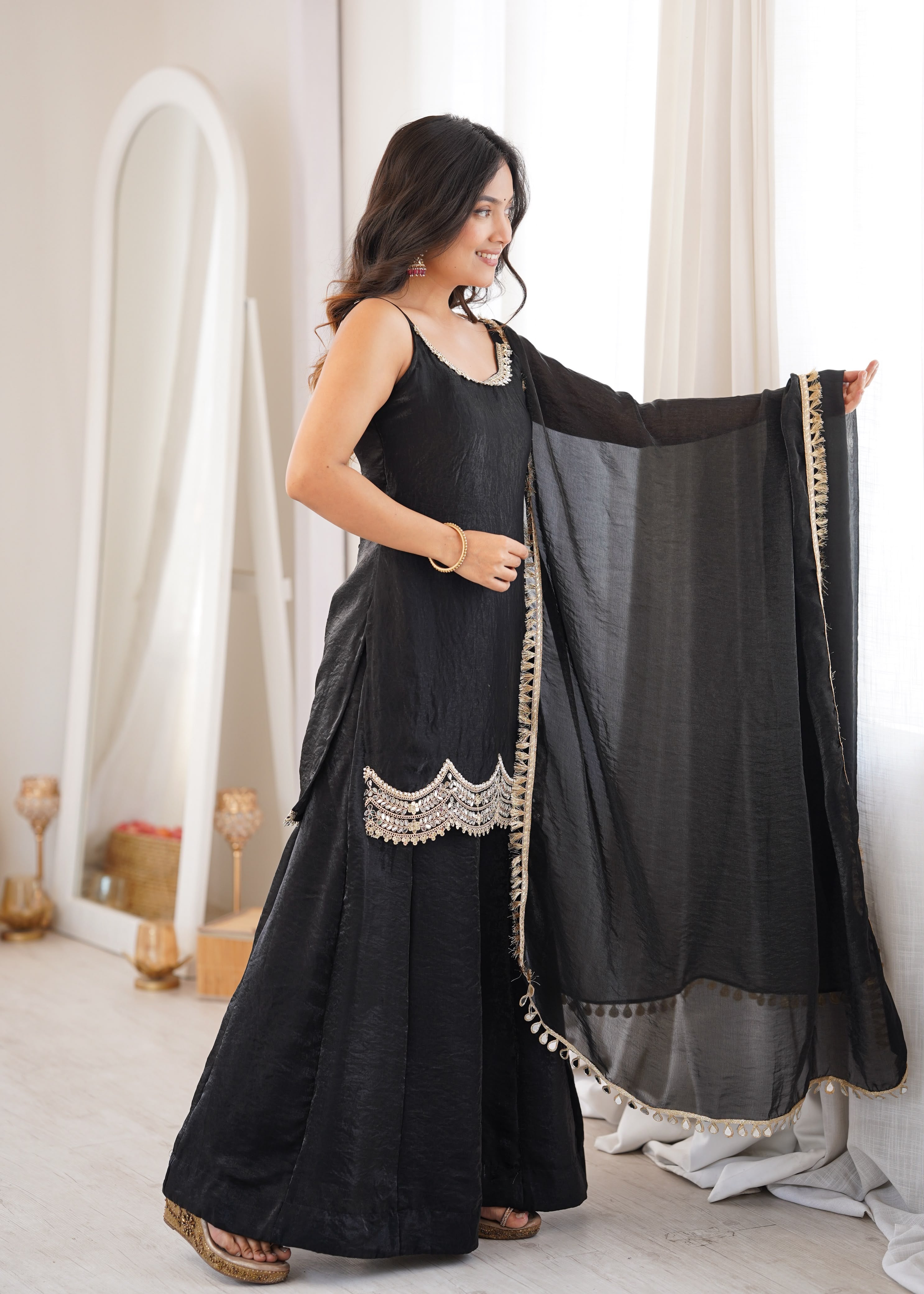 Designer Fendi Silk Party Wear Sharara Set with Codding Embroidery & Mirror Work