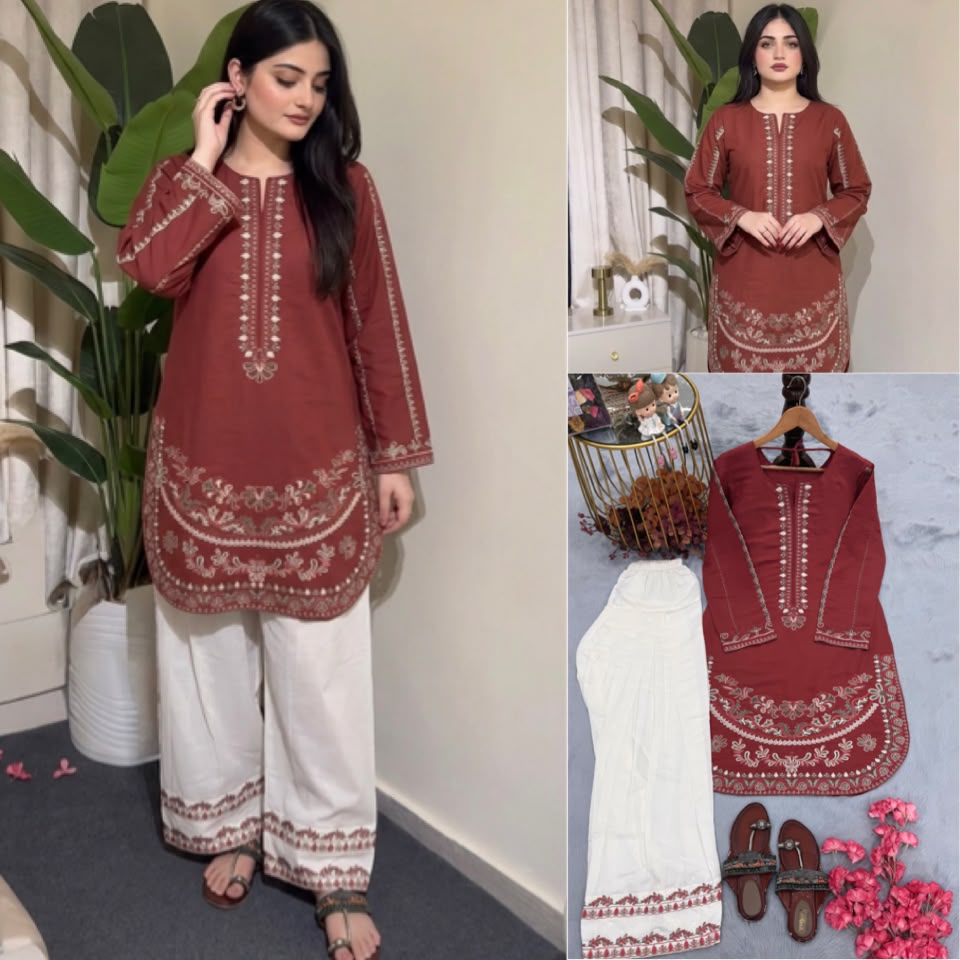 Designer Pure Roman Silk Kurti Set with Farhi Palazzo & Embroidery