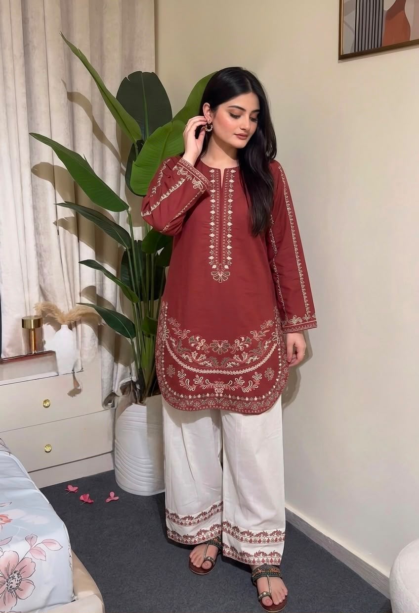Designer Pure Roman Silk Kurti Set with Farhi Palazzo & Embroidery