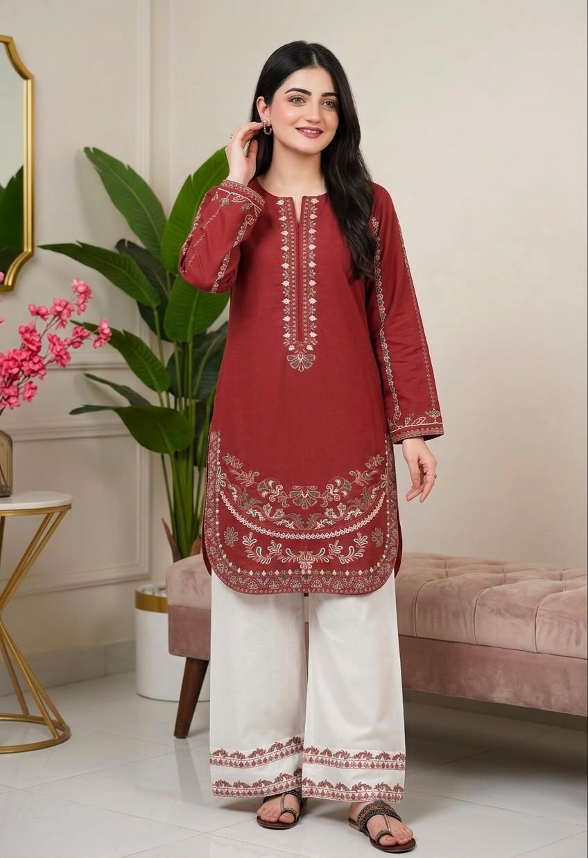 Designer Pure Roman Silk Kurti Set with Farhi Palazzo & Embroidery