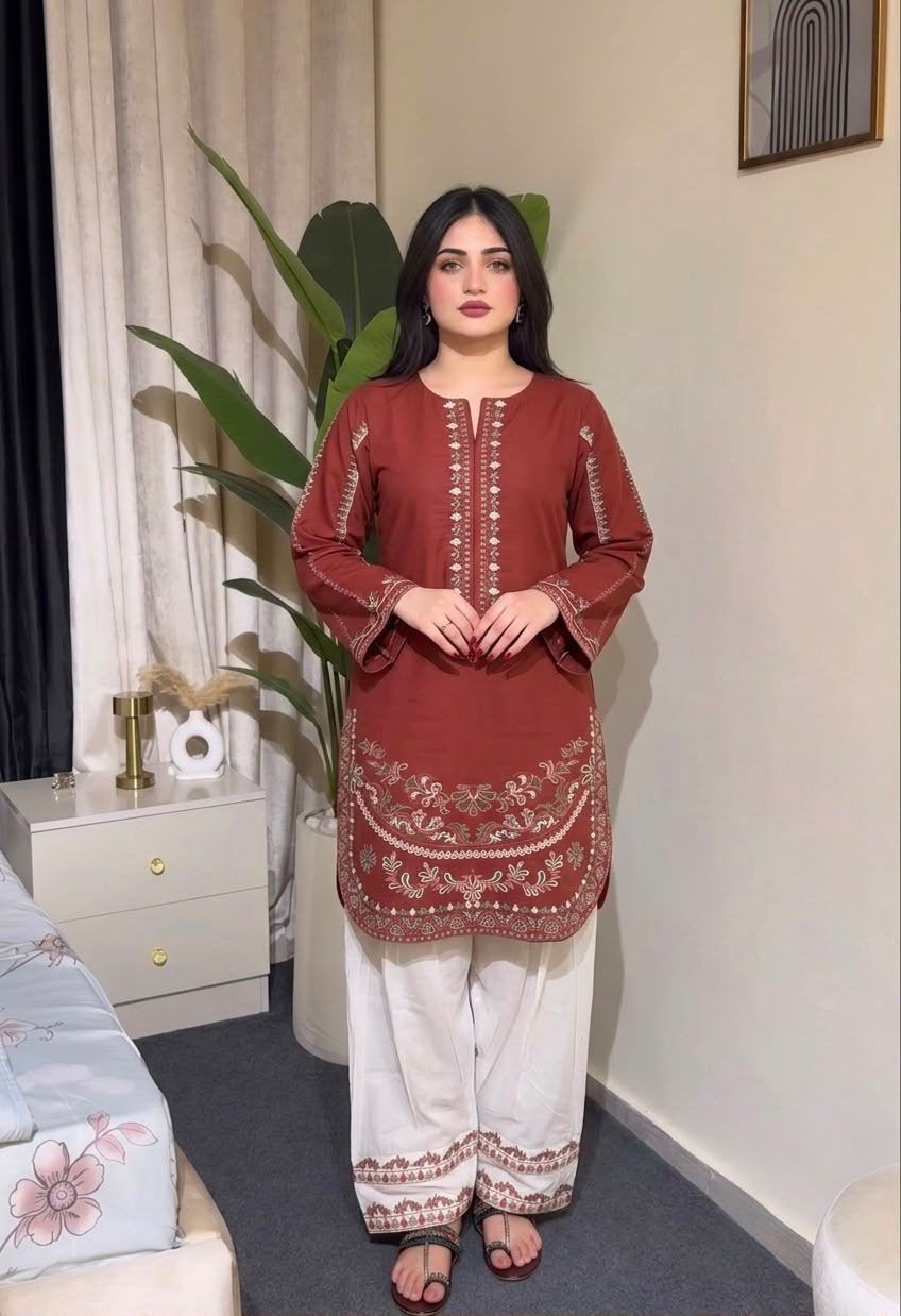Designer Pure Roman Silk Kurti Set with Farhi Palazzo & Embroidery