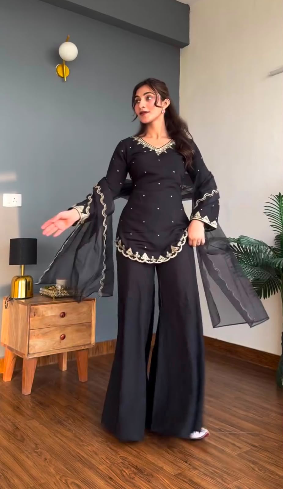 Designer Crepe Silk Sequence Embroidered Sharara Suit Set
