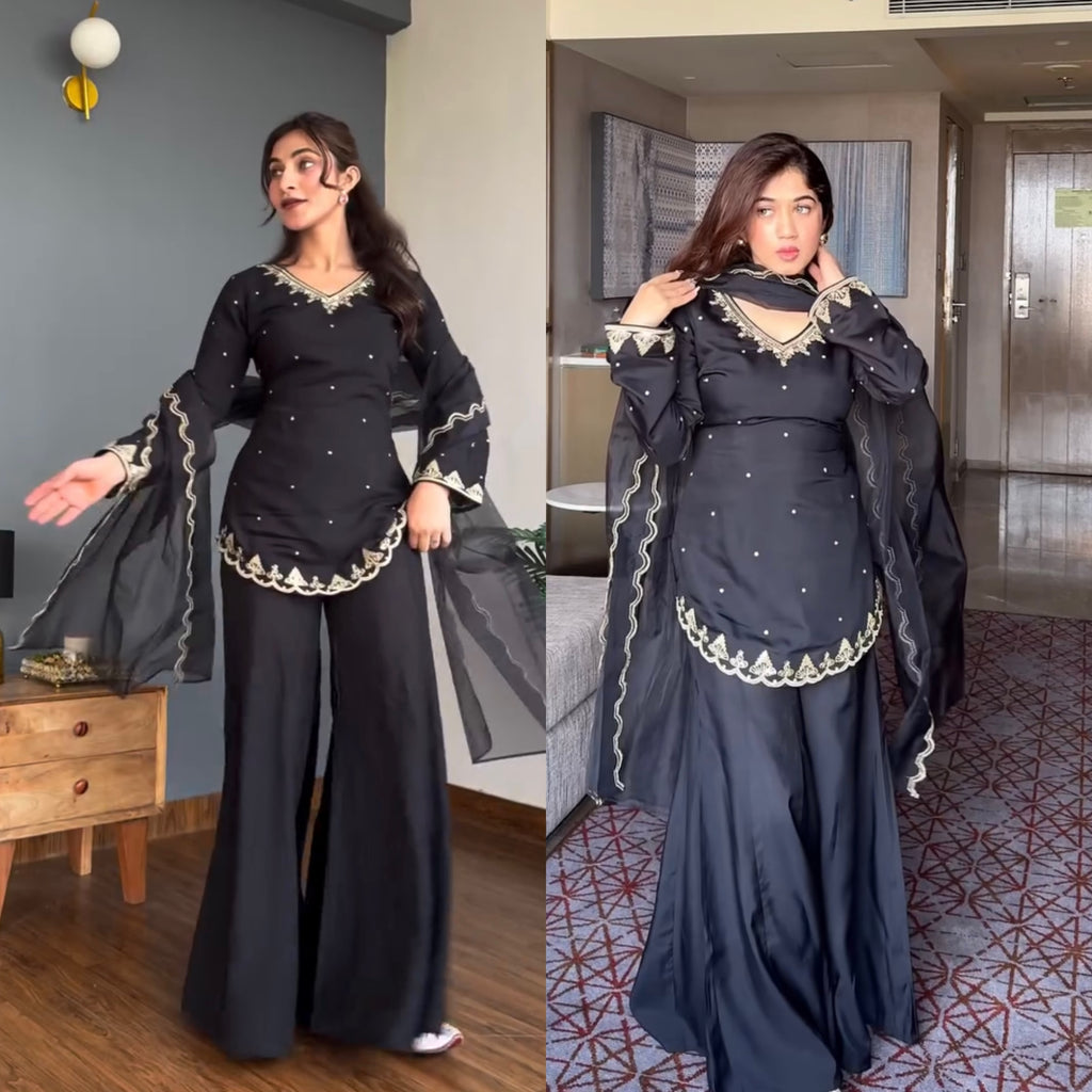 Designer Crepe Silk Sequence Embroidered Sharara Suit Set