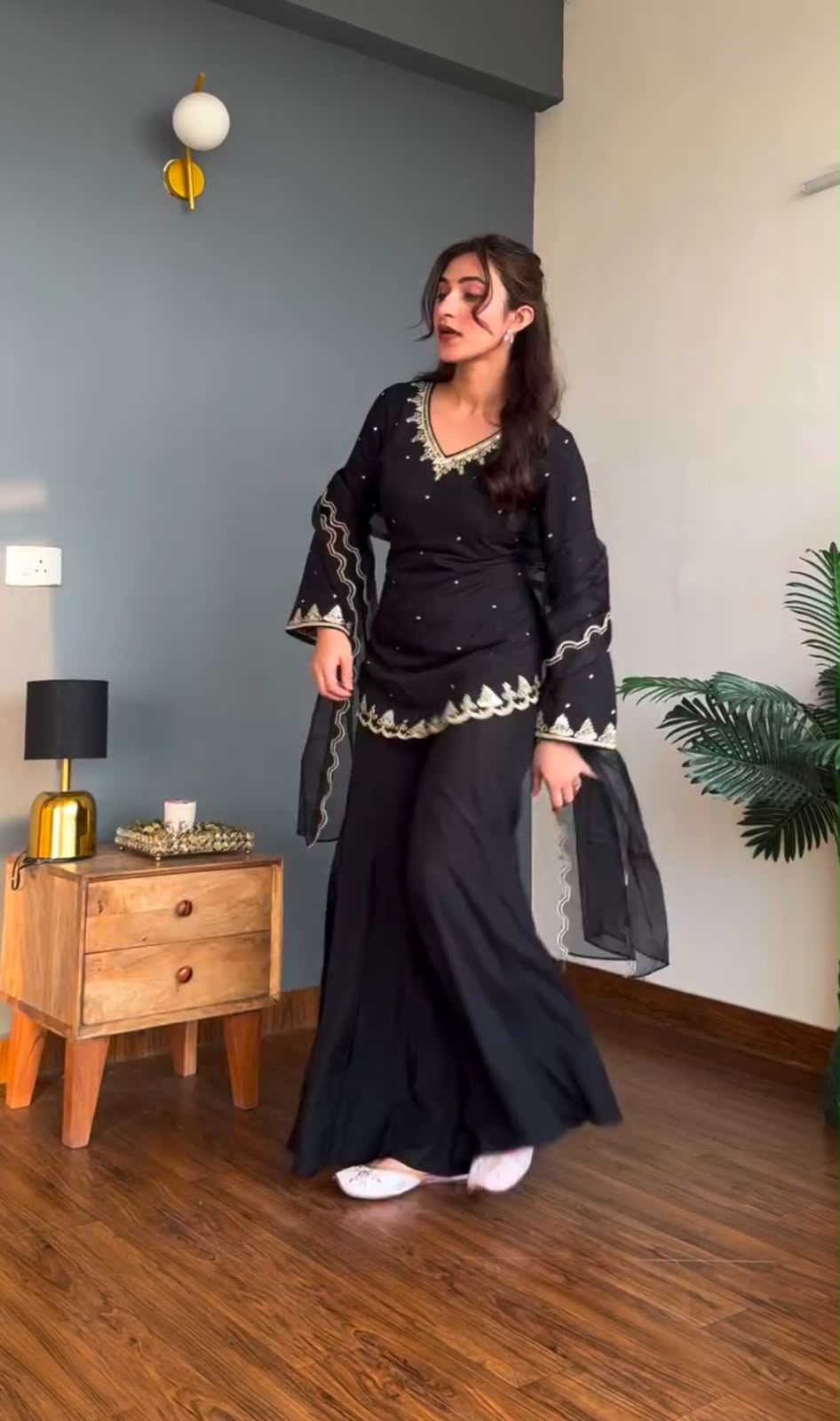 Designer Crepe Silk Sequence Embroidered Sharara Suit Set