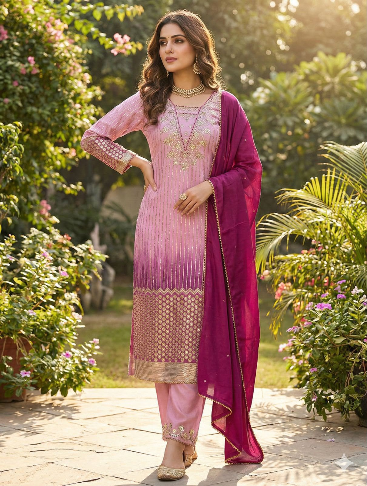 Designer Chinon Floral Print Top, Sequence Embroidered Pant & Dupatta Set