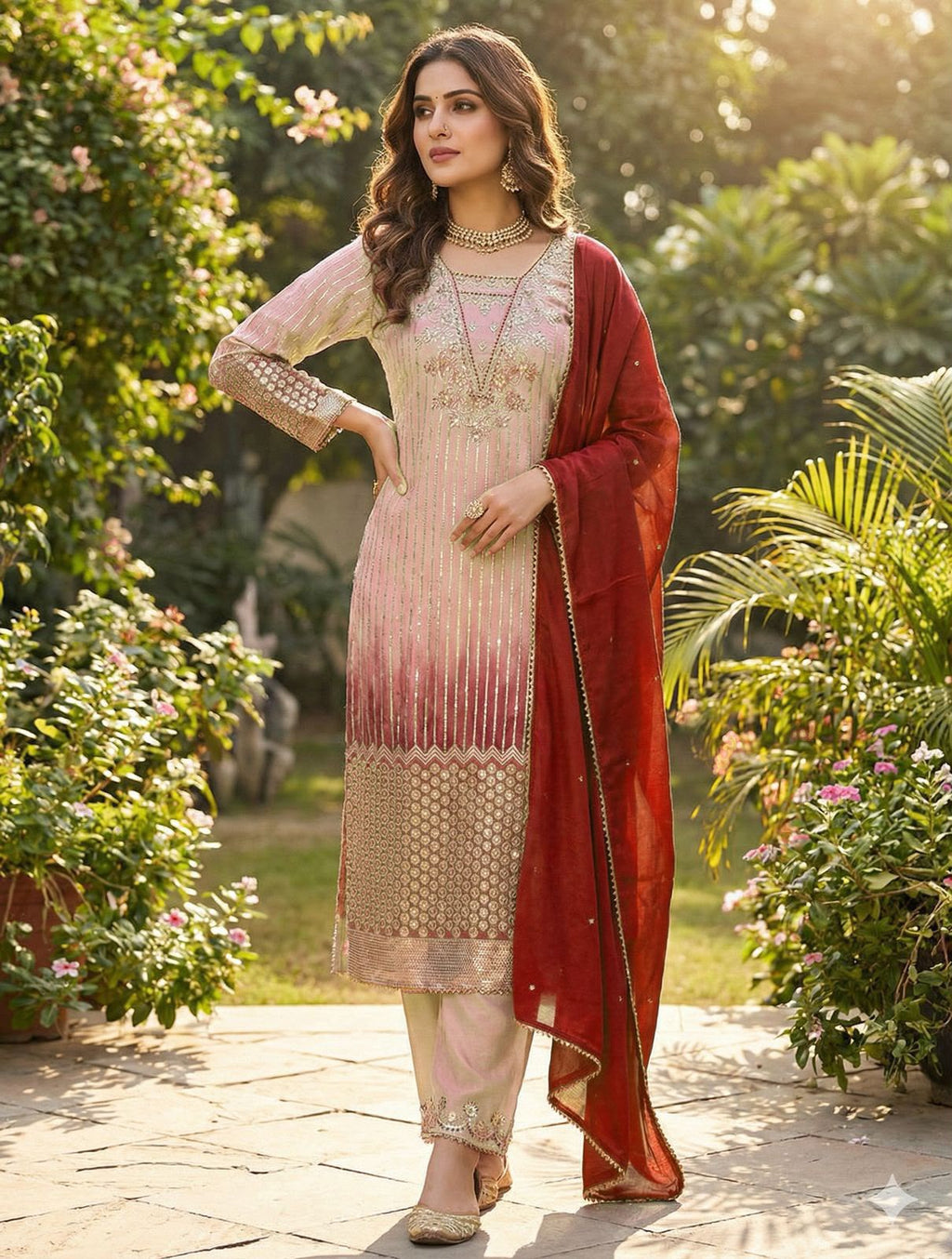 Designer Chinon Floral Print Top, Sequence Embroidered Pant & Dupatta Set