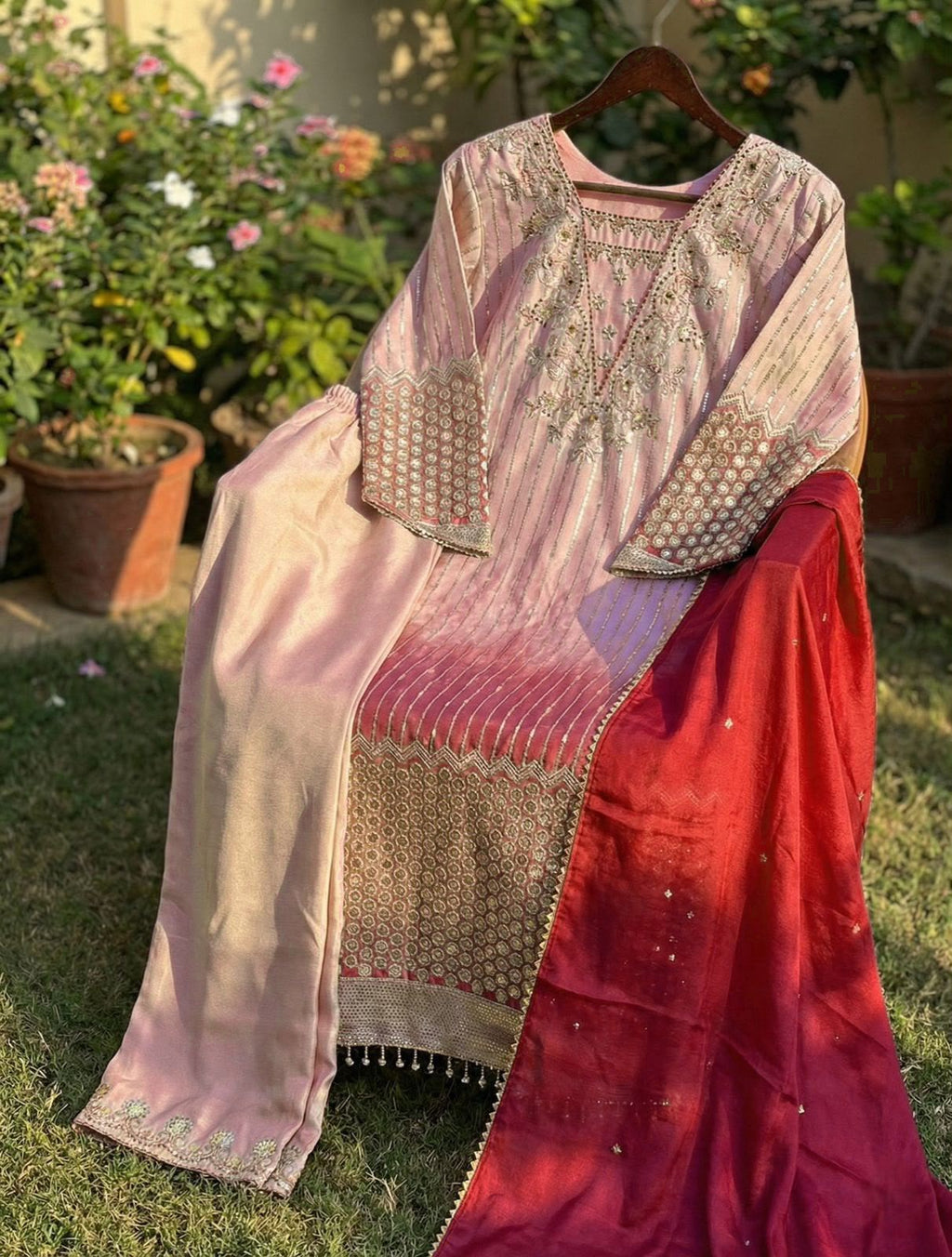 Designer Chinon Floral Print Top, Sequence Embroidered Pant & Dupatta Set