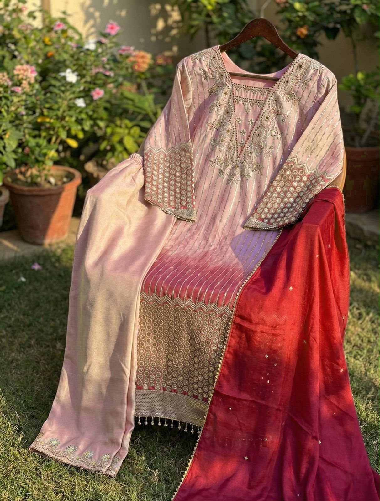 Designer Chinon Floral Print Top, Sequence Embroidered Pant & Dupatta Set