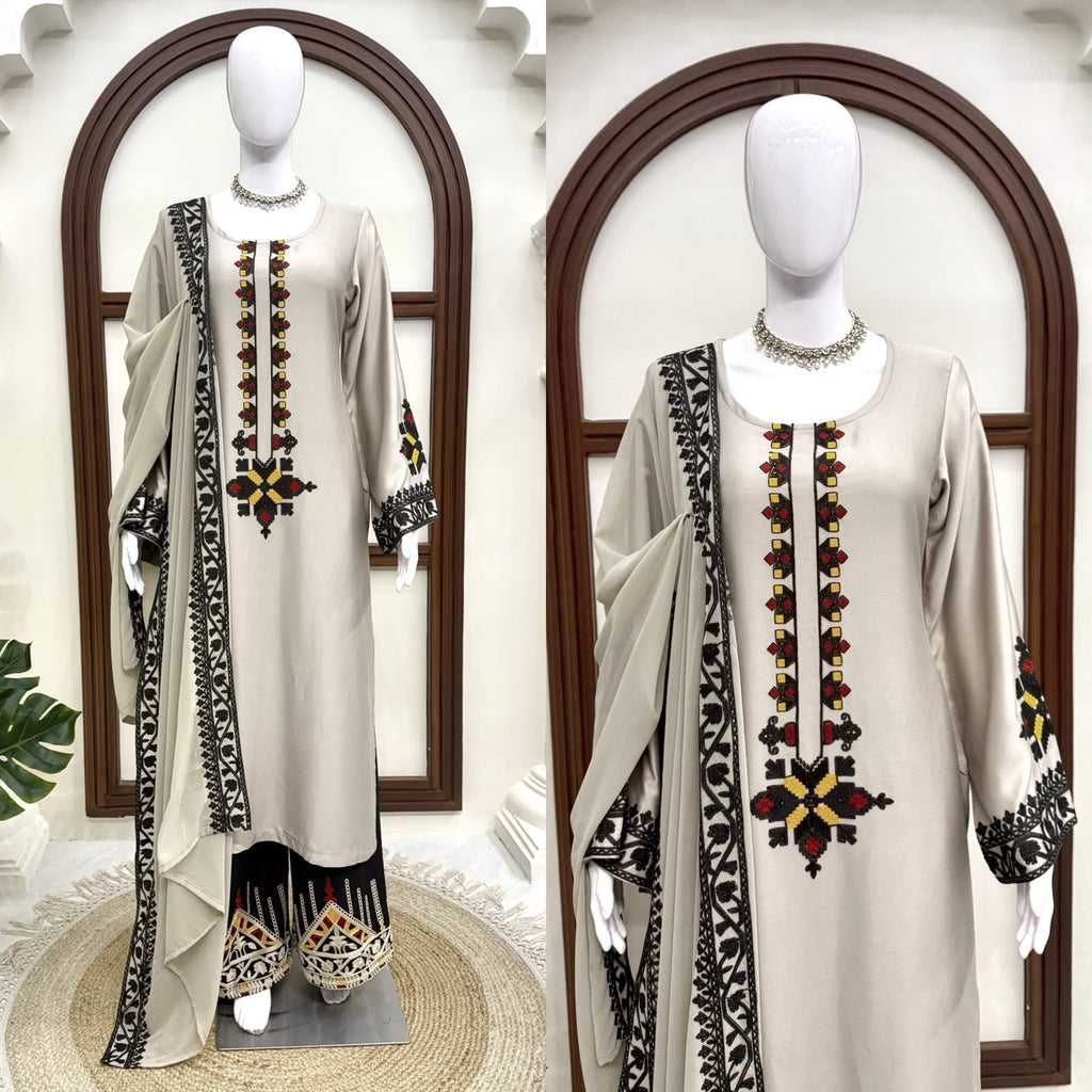 Designer Rayon Satin 3-Piece Kurti & Palazzo Set