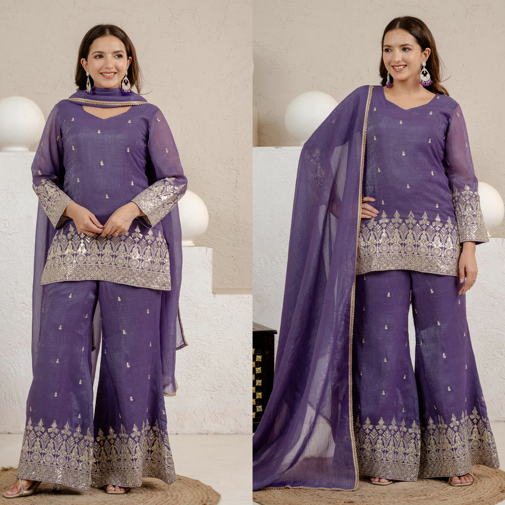 Embroidered Roman Silk Long Kurti & Cut Work Palazzo 3-Piece Set