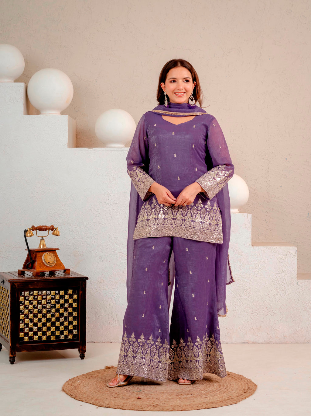 Embroidered Roman Silk Long Kurti & Cut Work Palazzo 3-Piece Set