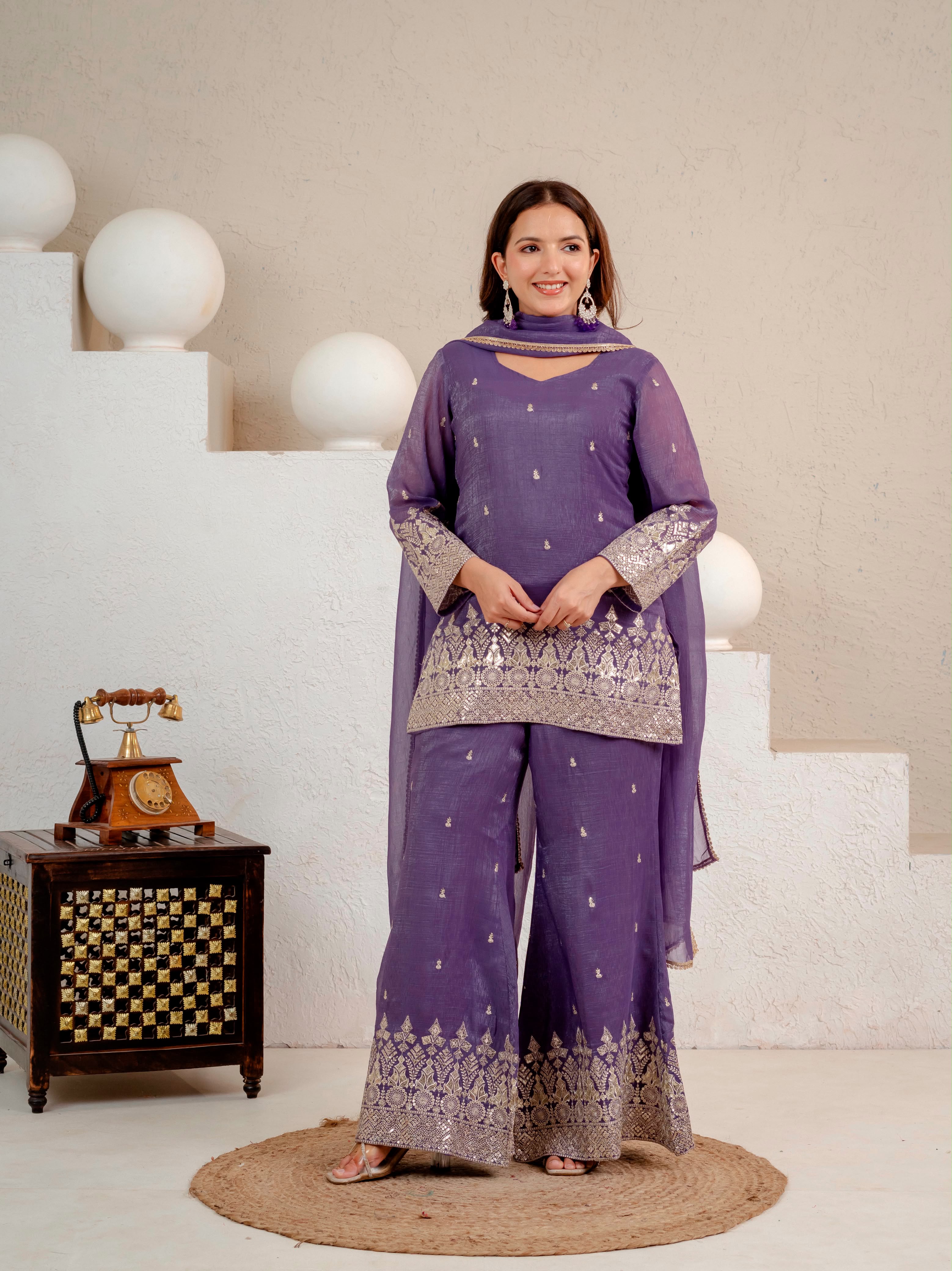 Embroidered Roman Silk Long Kurti & Cut Work Palazzo 3-Piece Set