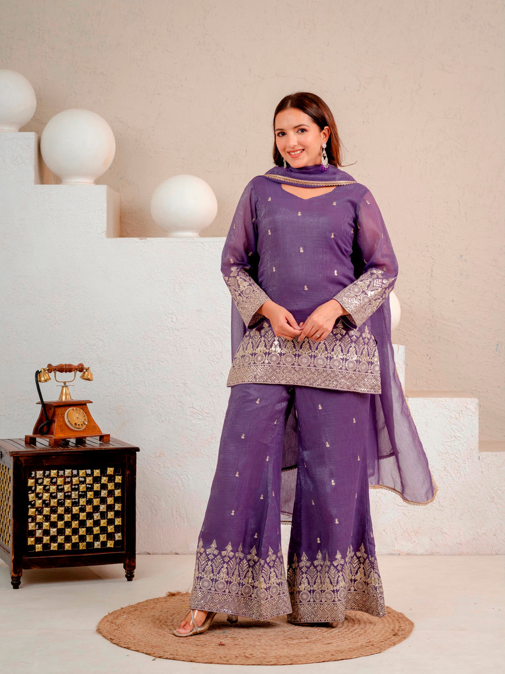 Embroidered Roman Silk Long Kurti & Cut Work Palazzo 3-Piece Set