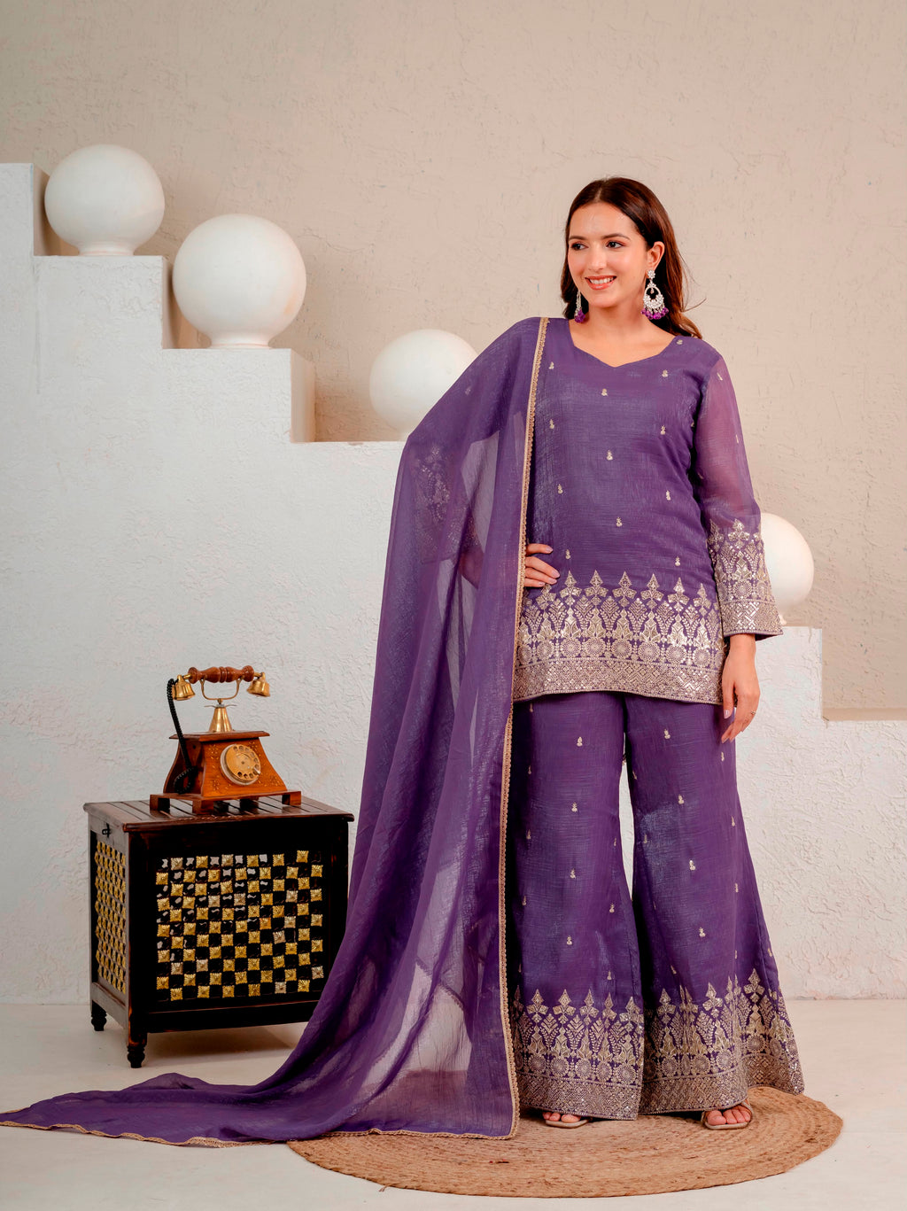Embroidered Roman Silk Long Kurti & Cut Work Palazzo 3-Piece Set