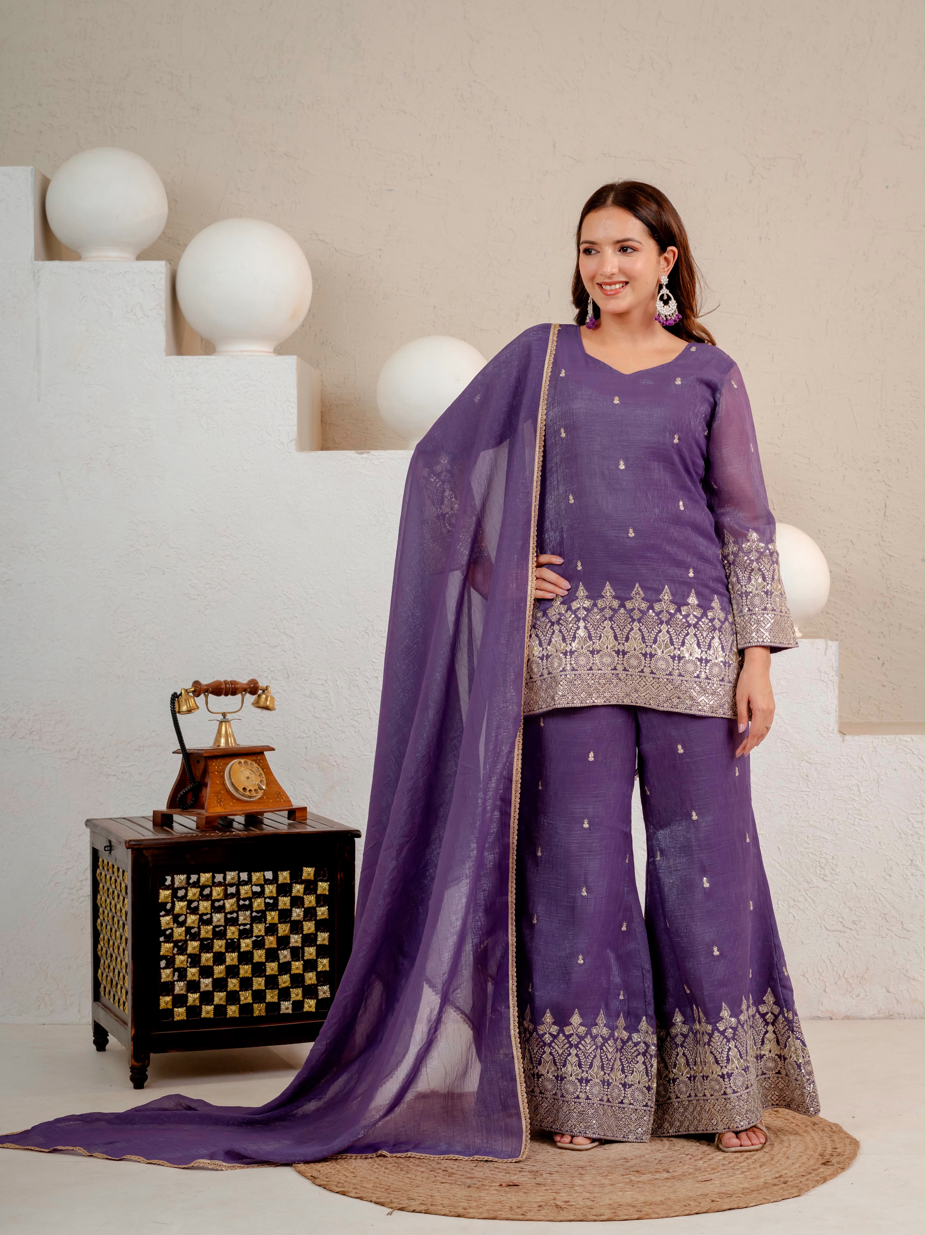 Embroidered Roman Silk Long Kurti & Cut Work Palazzo 3-Piece Set