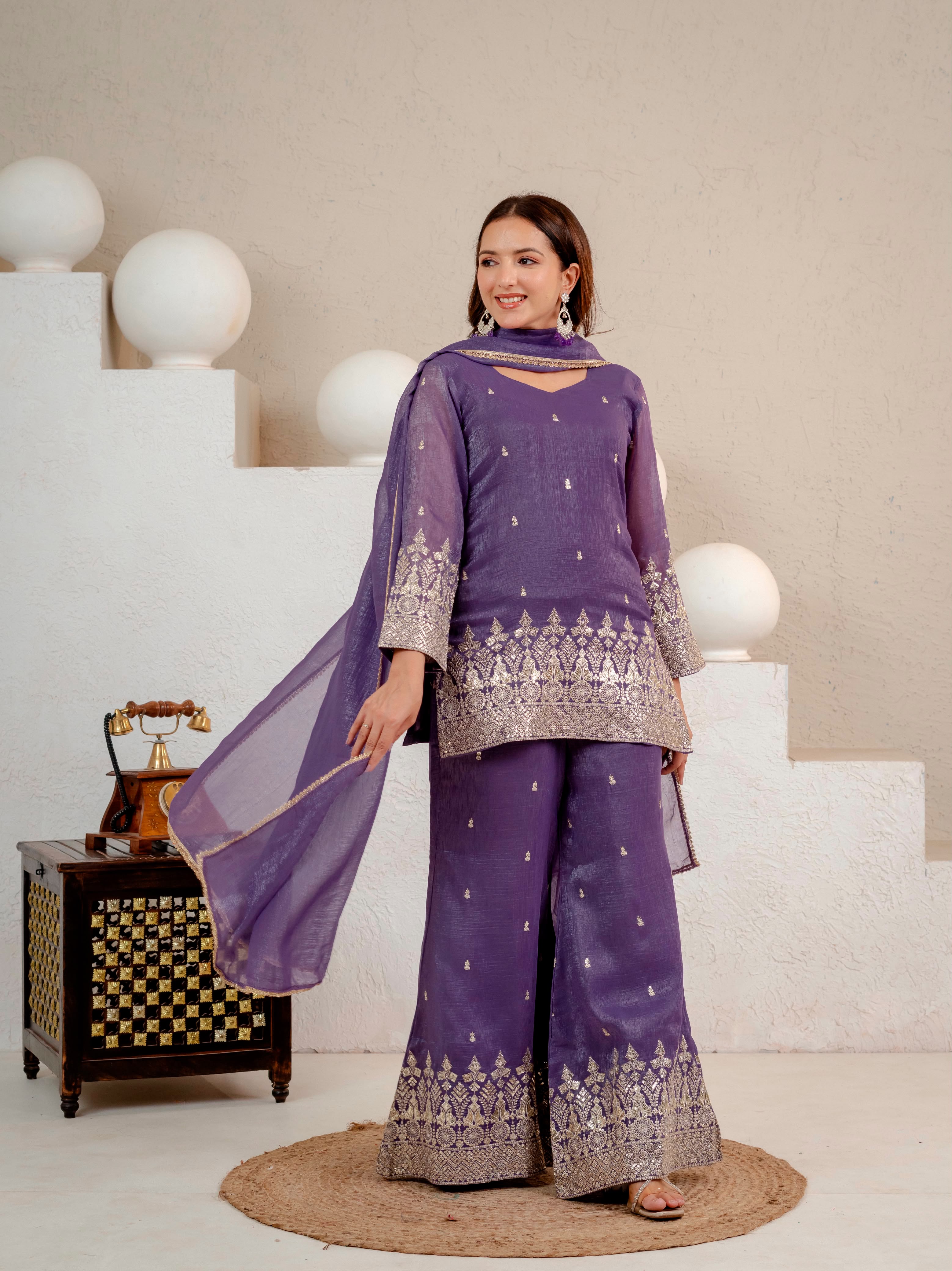 Embroidered Roman Silk Long Kurti & Cut Work Palazzo 3-Piece Set