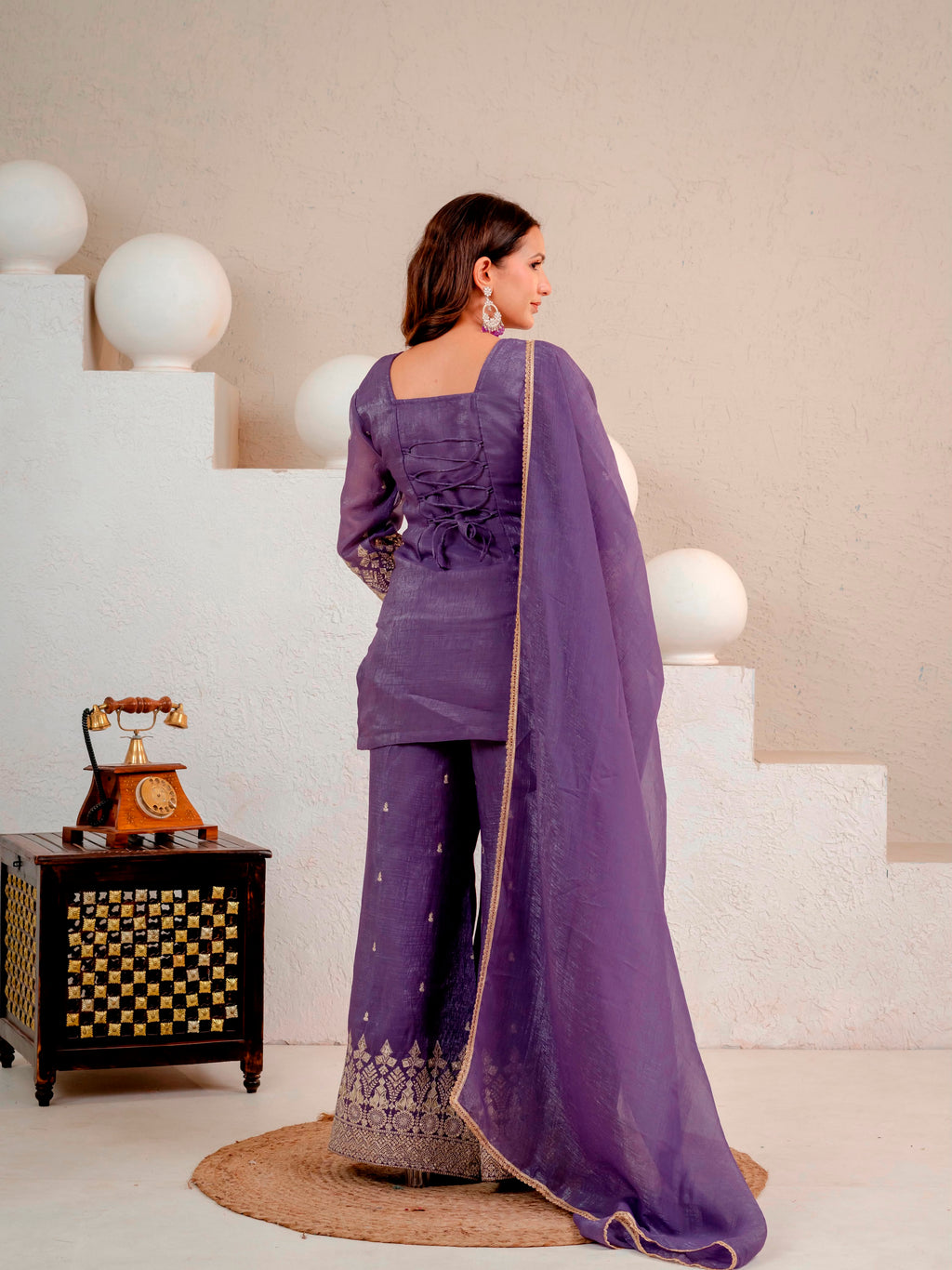 Embroidered Roman Silk Long Kurti & Cut Work Palazzo 3-Piece Set