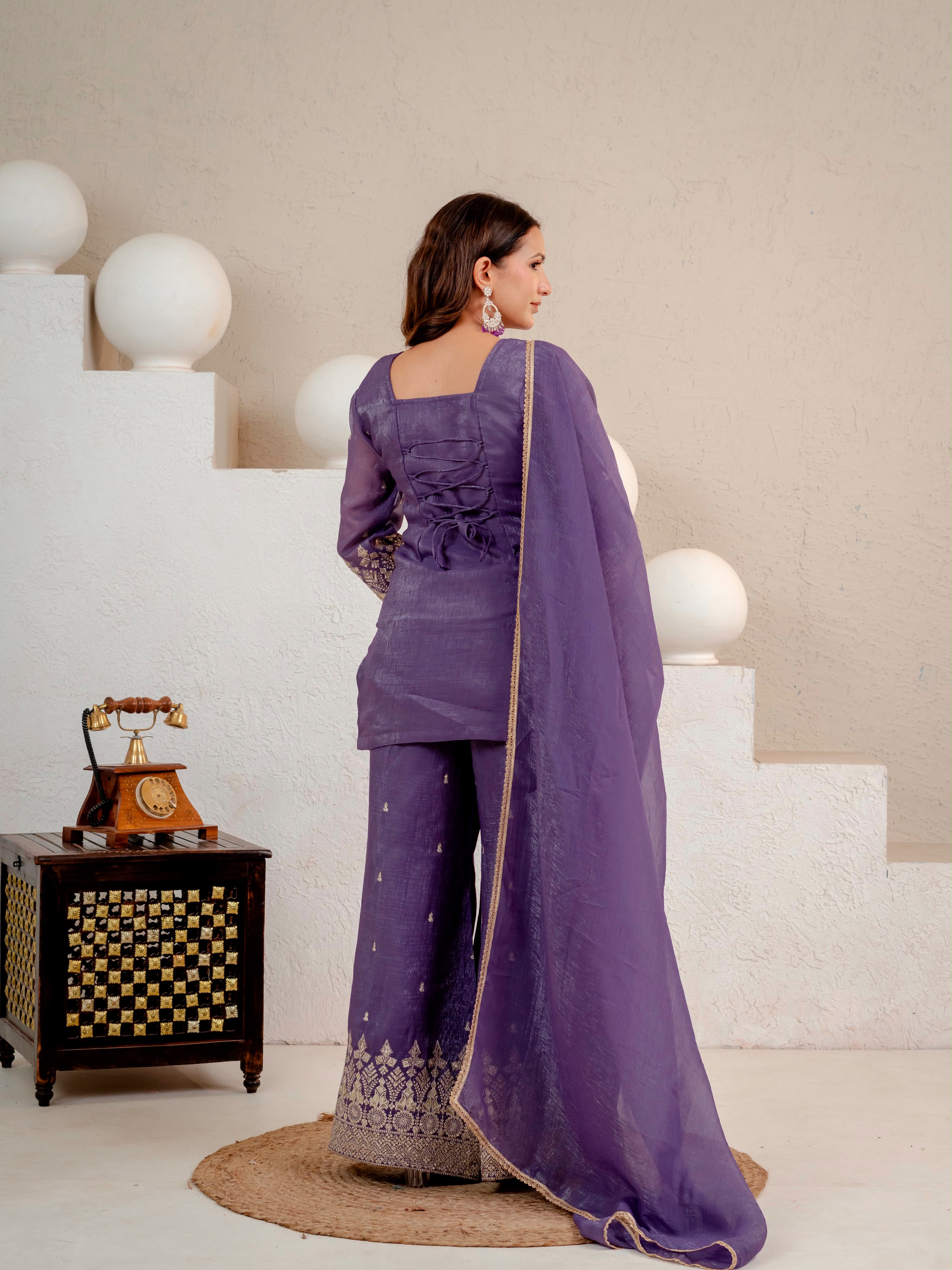 Embroidered Roman Silk Long Kurti & Cut Work Palazzo 3-Piece Set