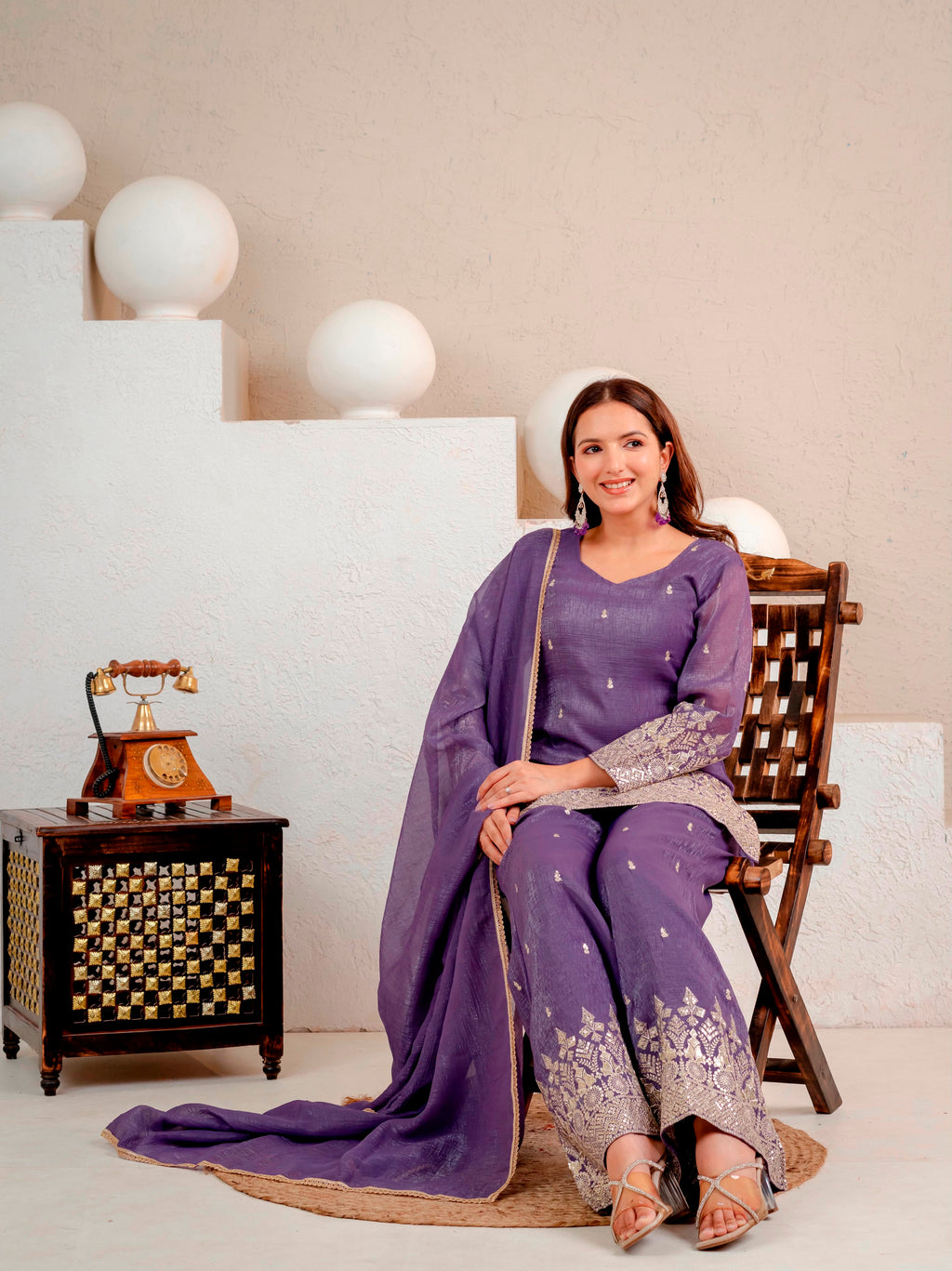 Embroidered Roman Silk Long Kurti & Cut Work Palazzo 3-Piece Set