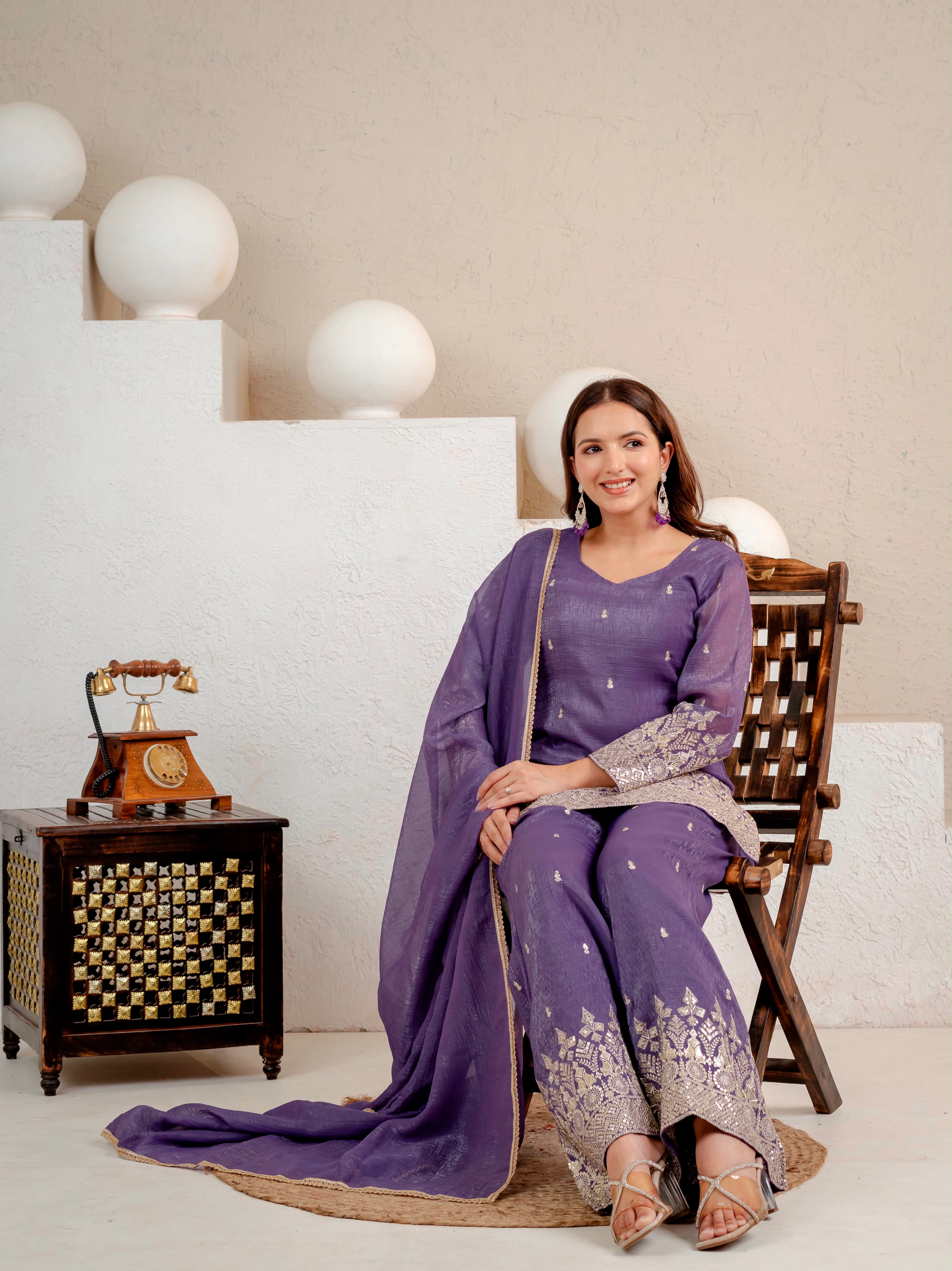 Embroidered Roman Silk Long Kurti & Cut Work Palazzo 3-Piece Set