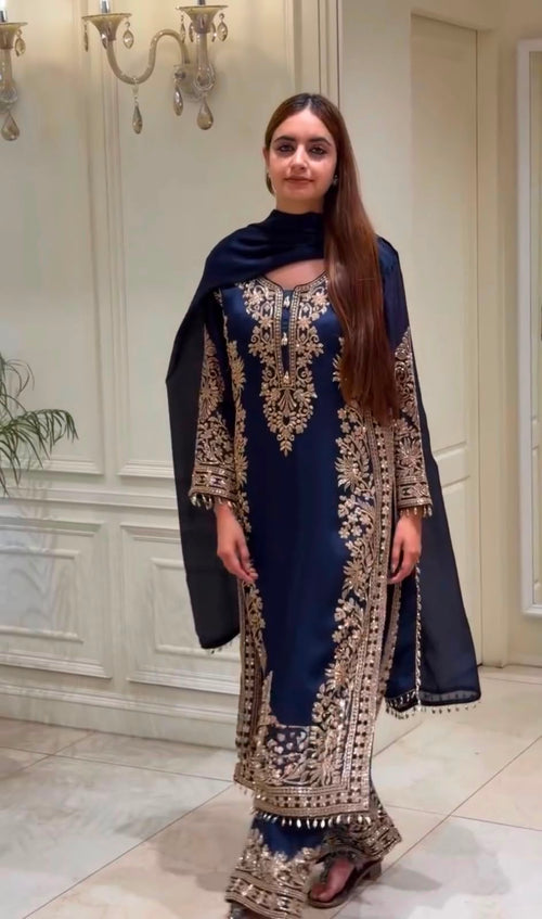 3-Piece Faux Georgette Embroidered Kurti, Palazzo & Dupatta Se