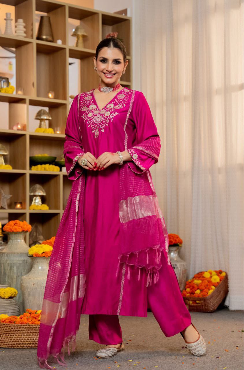 3-Piece Pure Satori Silk Embroidered Kurti Set with Banarasi Zari Dupatta