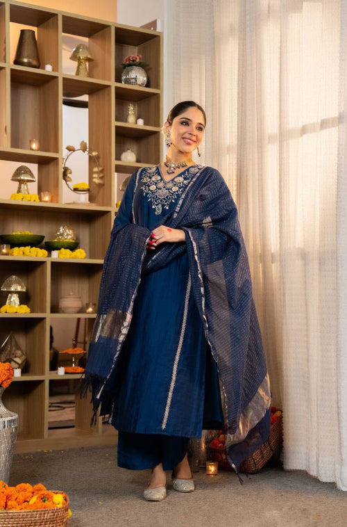3-Piece Pure Satori Silk Embroidered Kurti Set with Banarasi Zari Dupatta