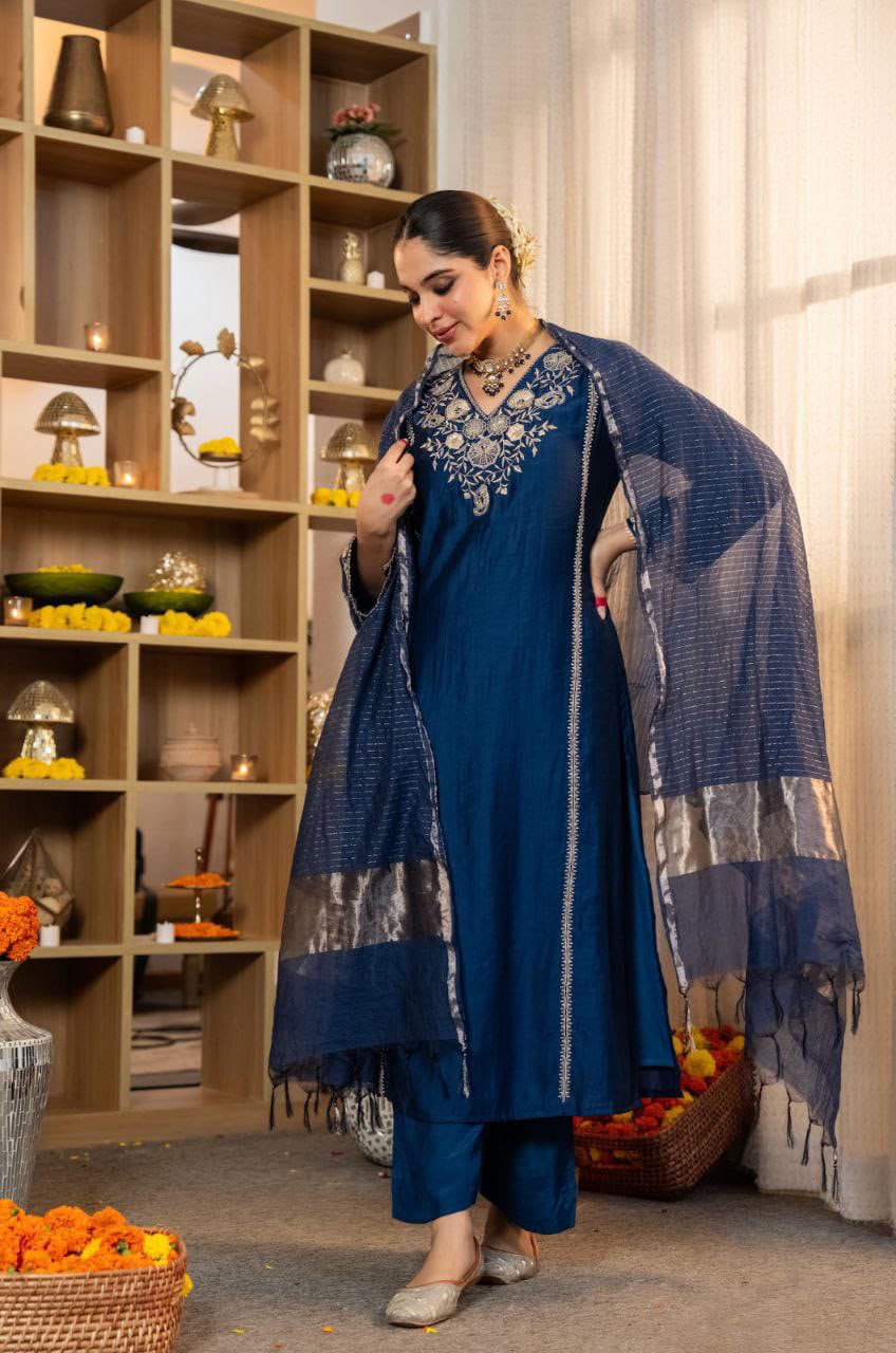 3-Piece Pure Satori Silk Embroidered Kurti Set with Banarasi Zari Dupatta