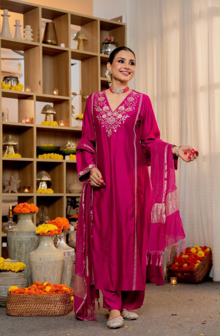 3-Piece Pure Satori Silk Embroidered Kurti Set with Banarasi Zari Dupatta