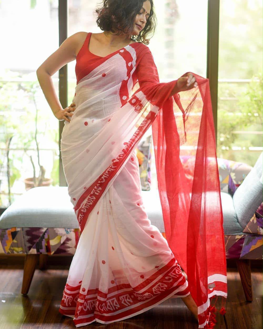 Mangalya Premium Digital Print Original Linen Saree with Tassels