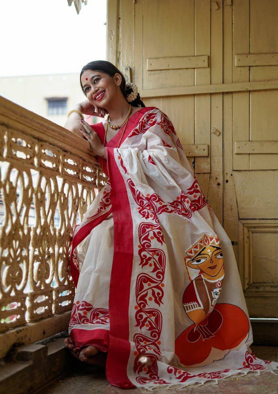 Mangalya Premium Digital Print Original Linen Saree with Tassels