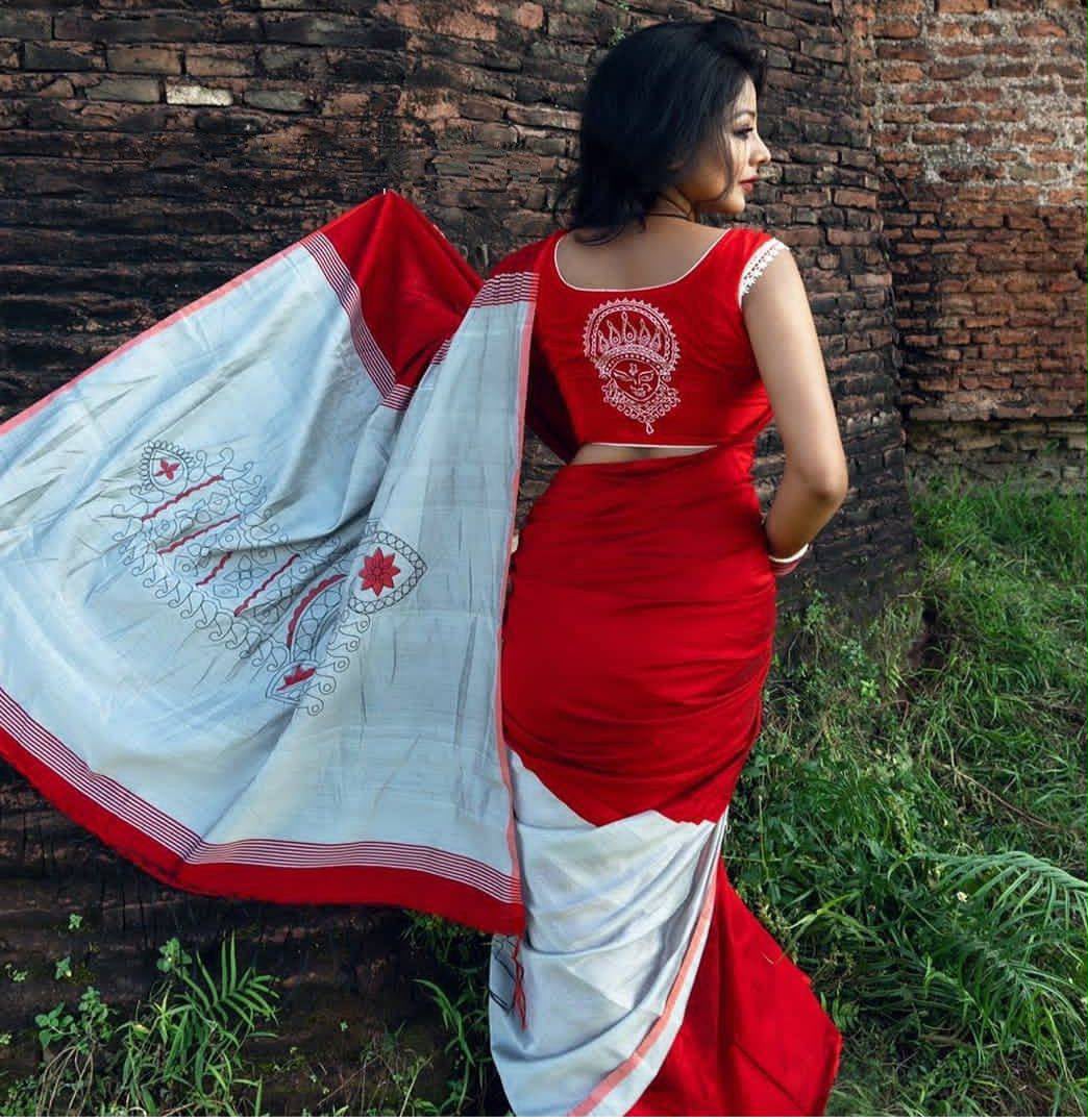 Mangalya Premium Digital Print Original Linen Saree with Tassels