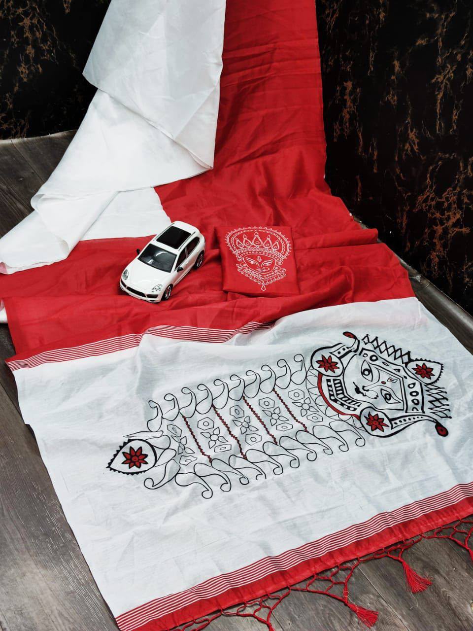 Mangalya Premium Digital Print Original Linen Saree with Tassels
