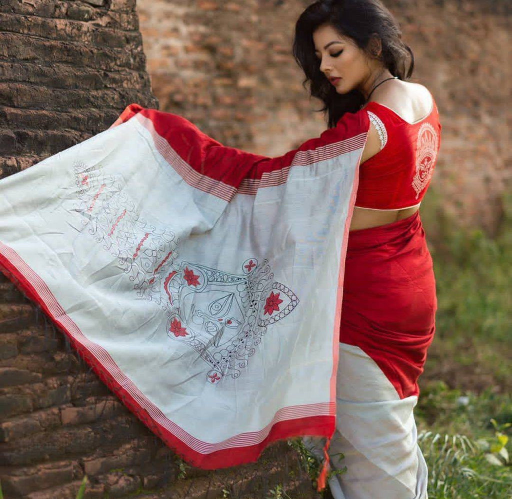 Mangalya Premium Digital Print Original Linen Saree with Tassels