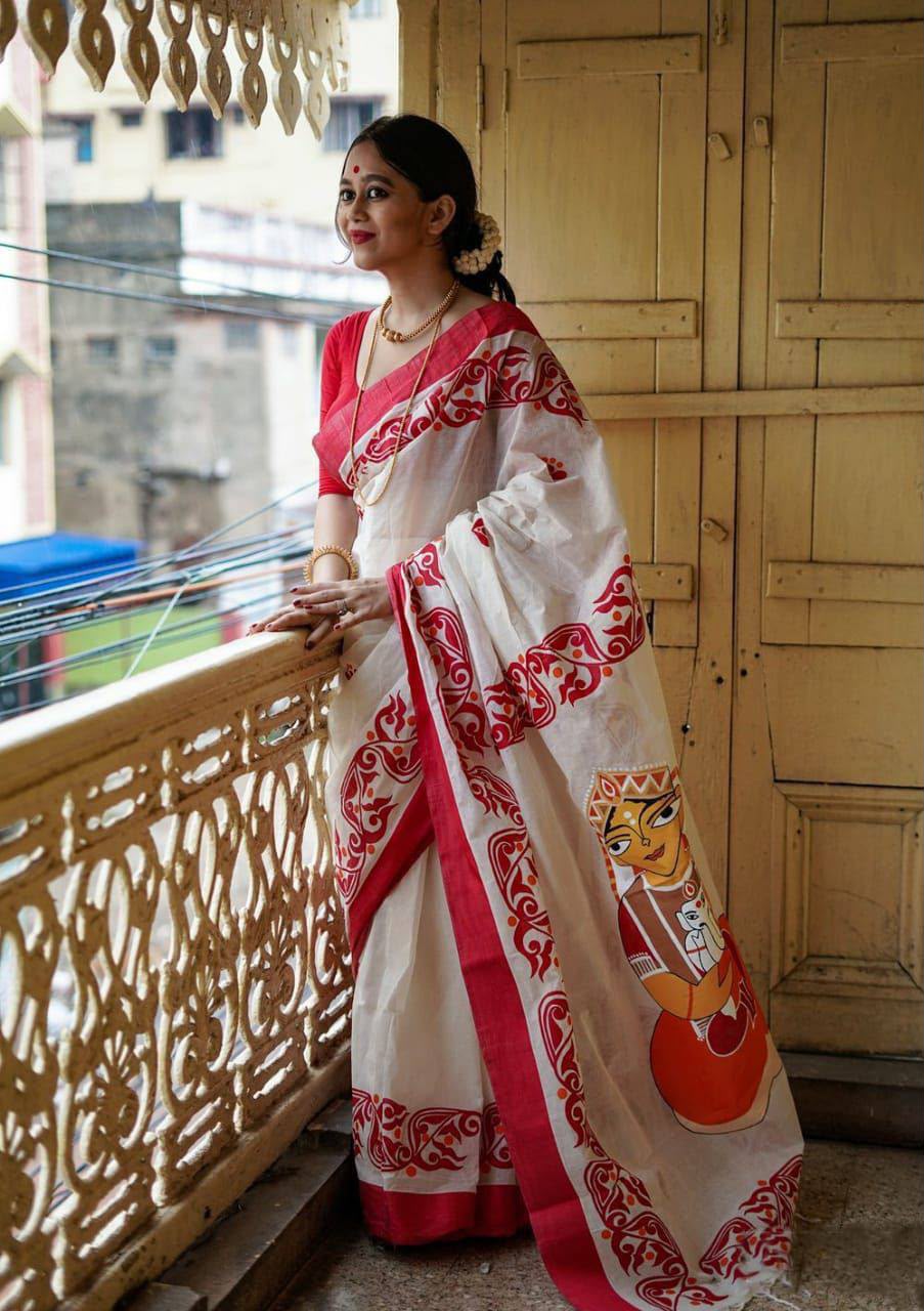 Mangalya Premium Digital Print Original Linen Saree with Tassels