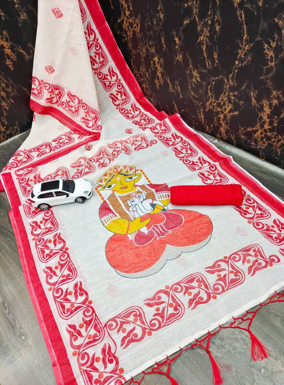 Mangalya Premium Digital Print Original Linen Saree with Tassels