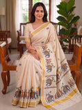 Mangalya Digital Print Chiku Linen Kerala Saree with Gold Zari Border