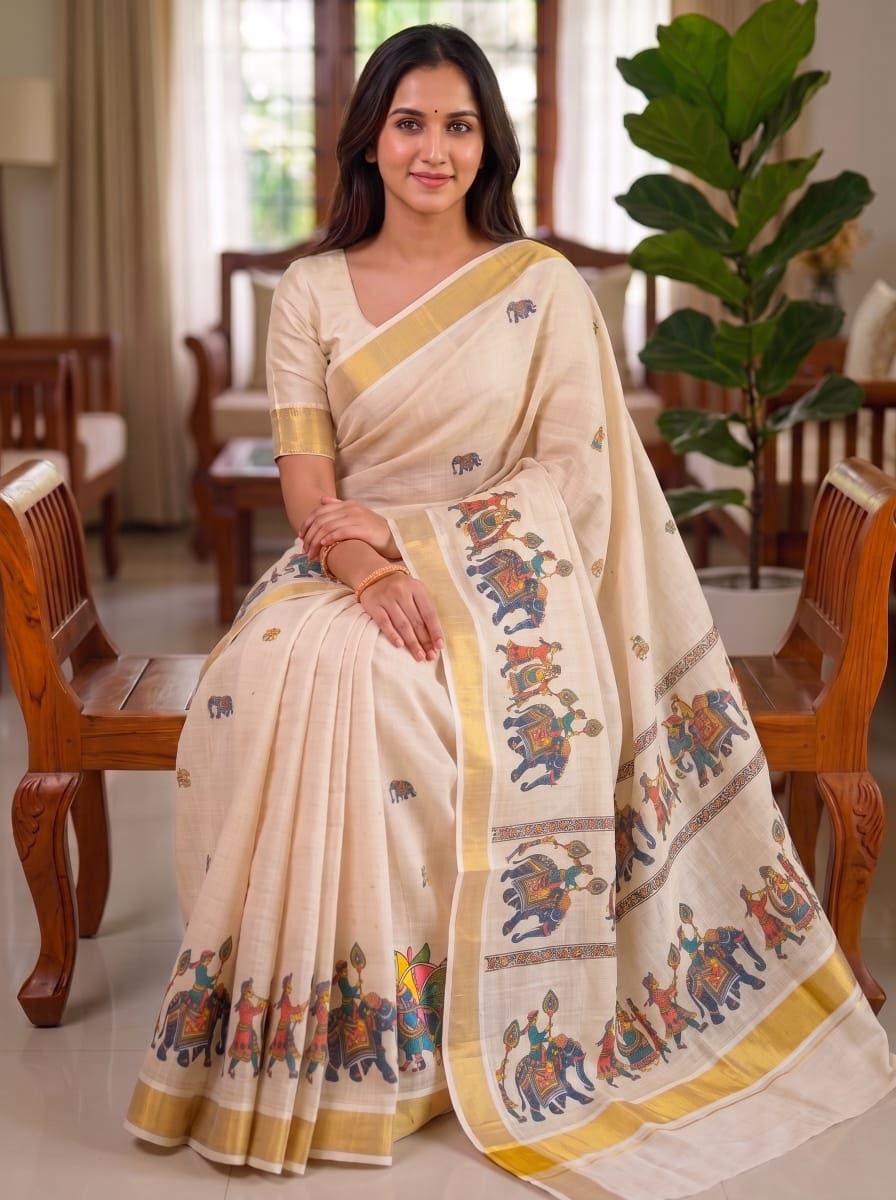 Mangalya Digital Print Chiku Linen Kerala Saree with Gold Zari Border