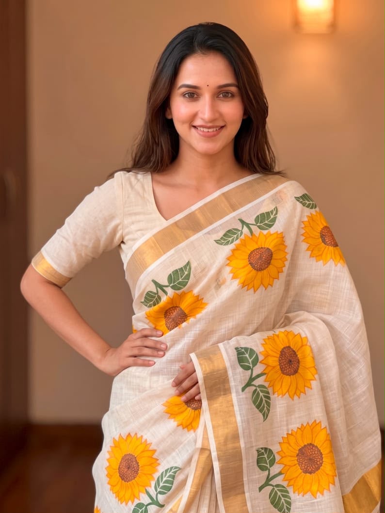 Mangalya Digital Print Chiku Linen Kerala Saree with Gold Zari Border